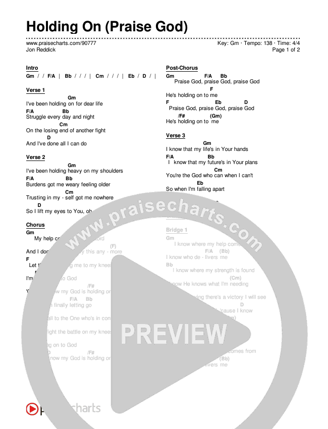 Holding On (Praise God) Chords & Lyrics (Jon Reddick)