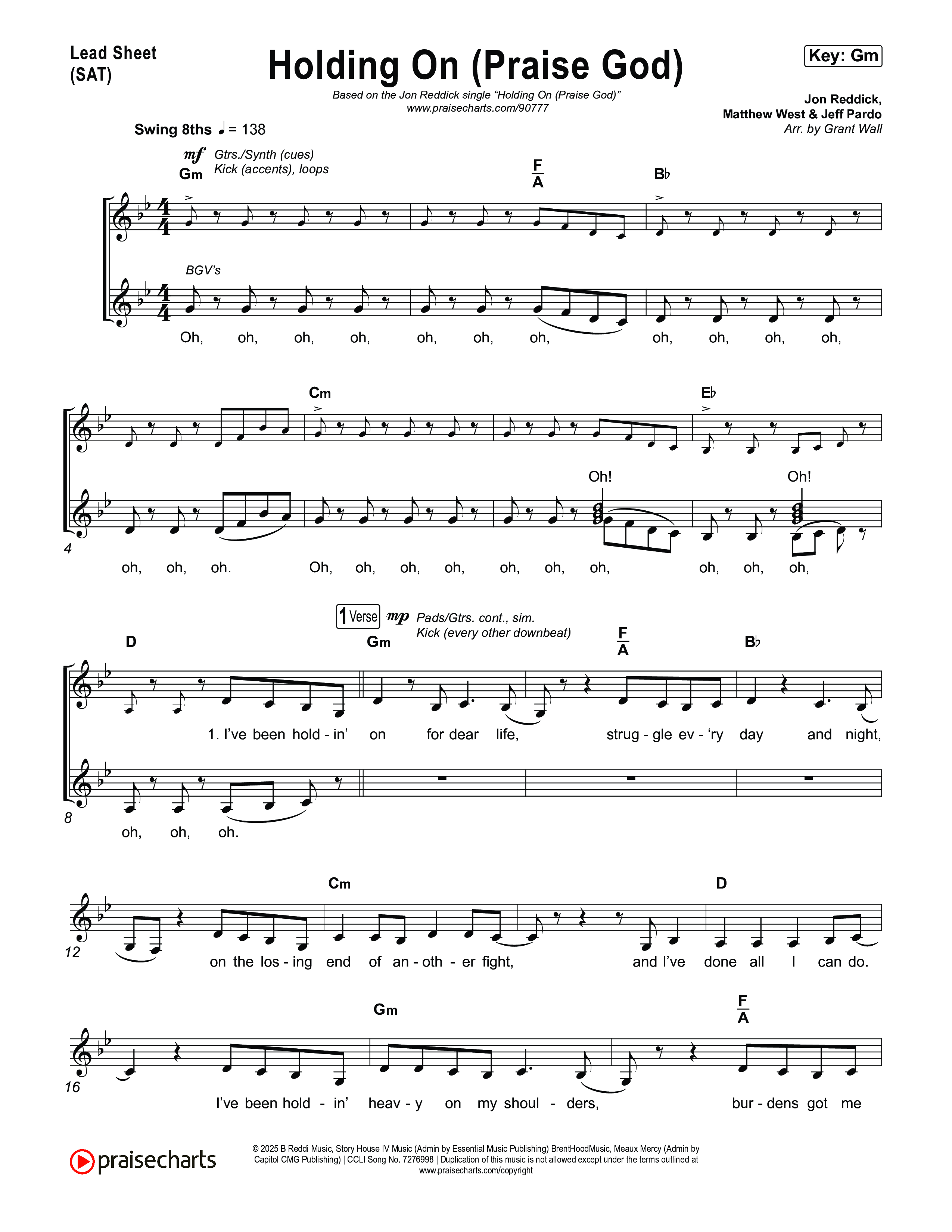 Holding On (Praise God) Lead Sheet (SAT) (Jon Reddick)