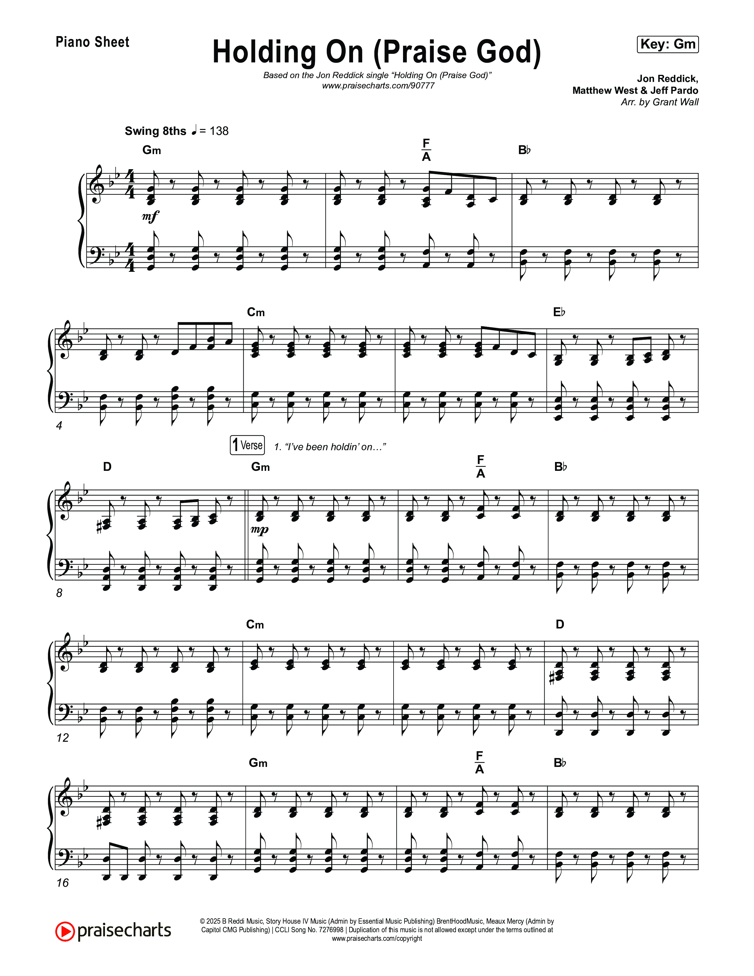 Holding On (Praise God) Piano Sheet (Jon Reddick)