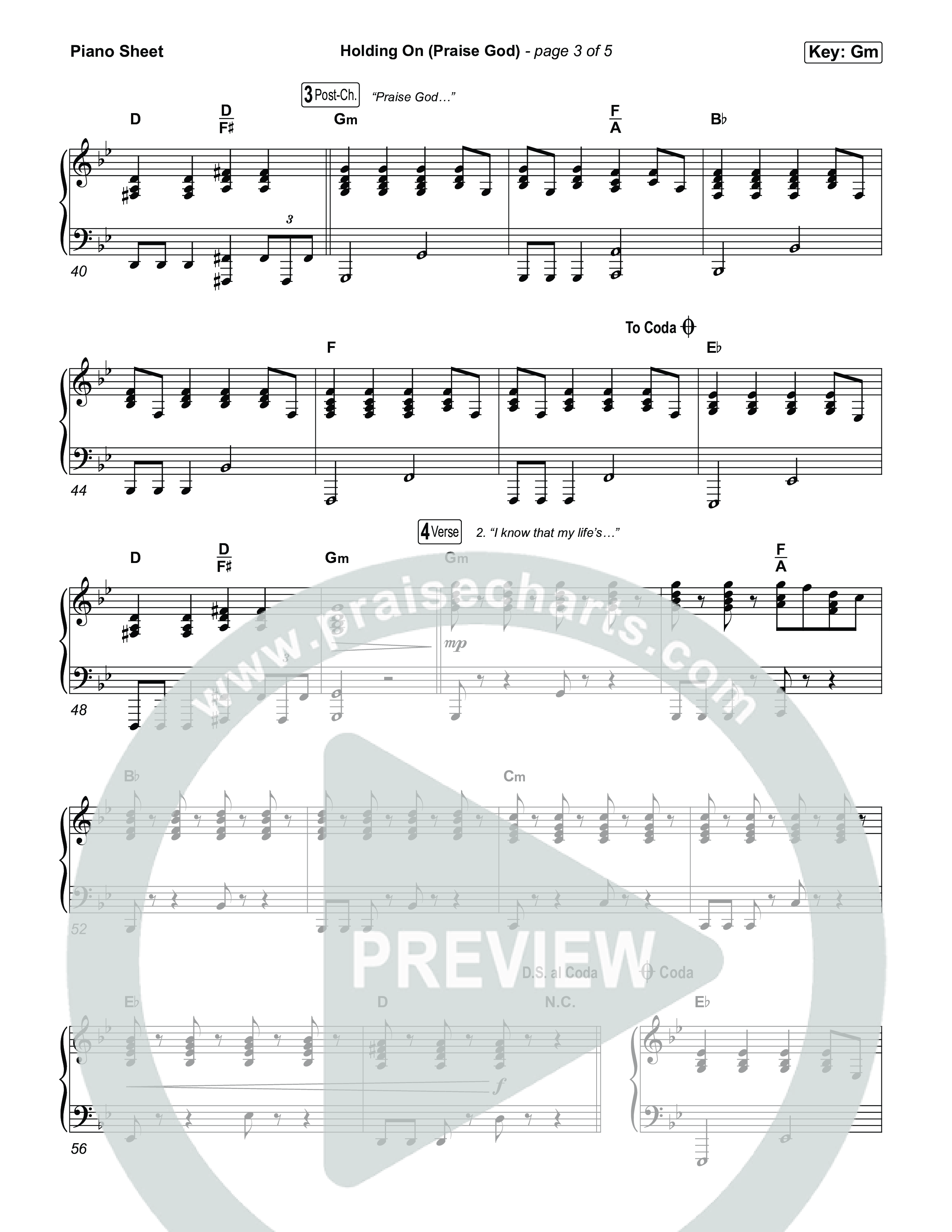 Holding On (Praise God) Piano Sheet (Jon Reddick)
