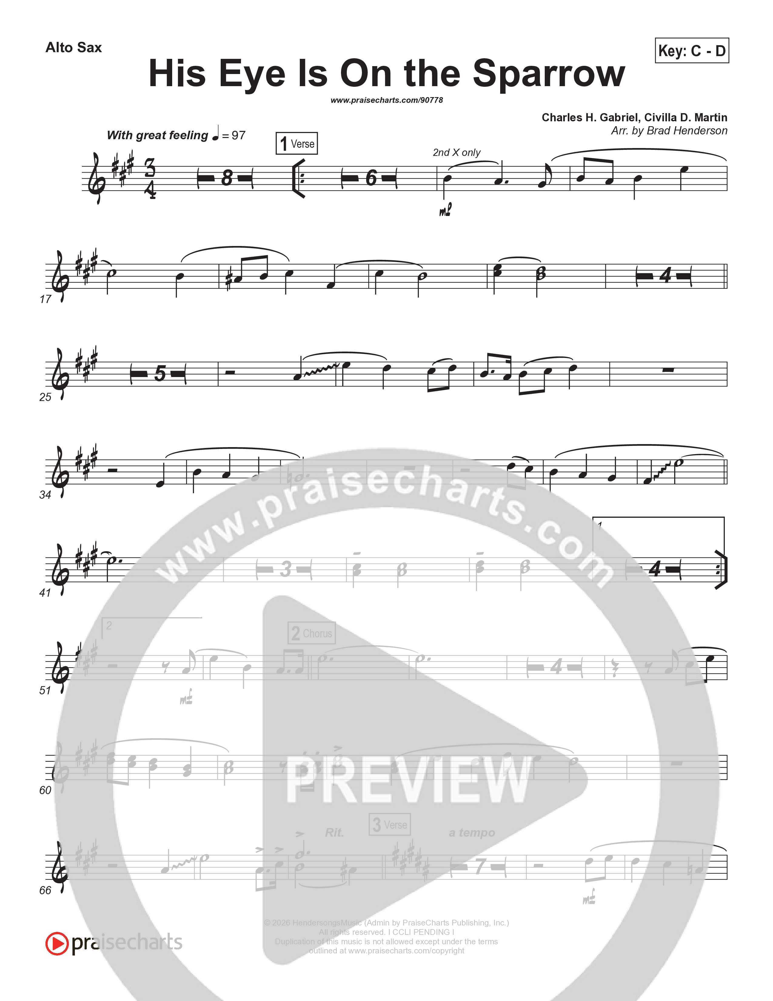 His Eye Is On The Sparrow (Choral Anthem SATB) Alto Sax (Brad Henderson)