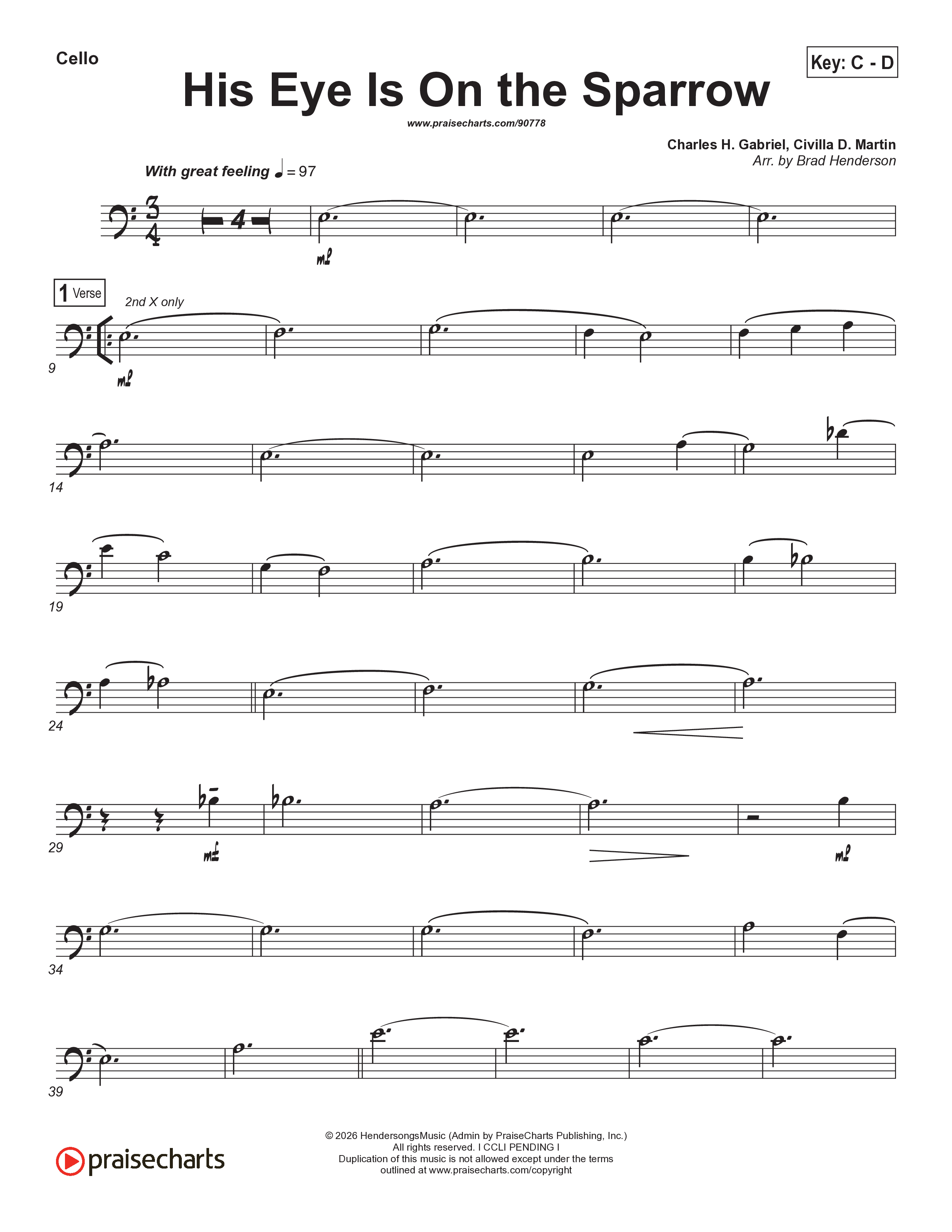 His Eye Is On The Sparrow (Choral Anthem SATB) Cello (Brad Henderson)