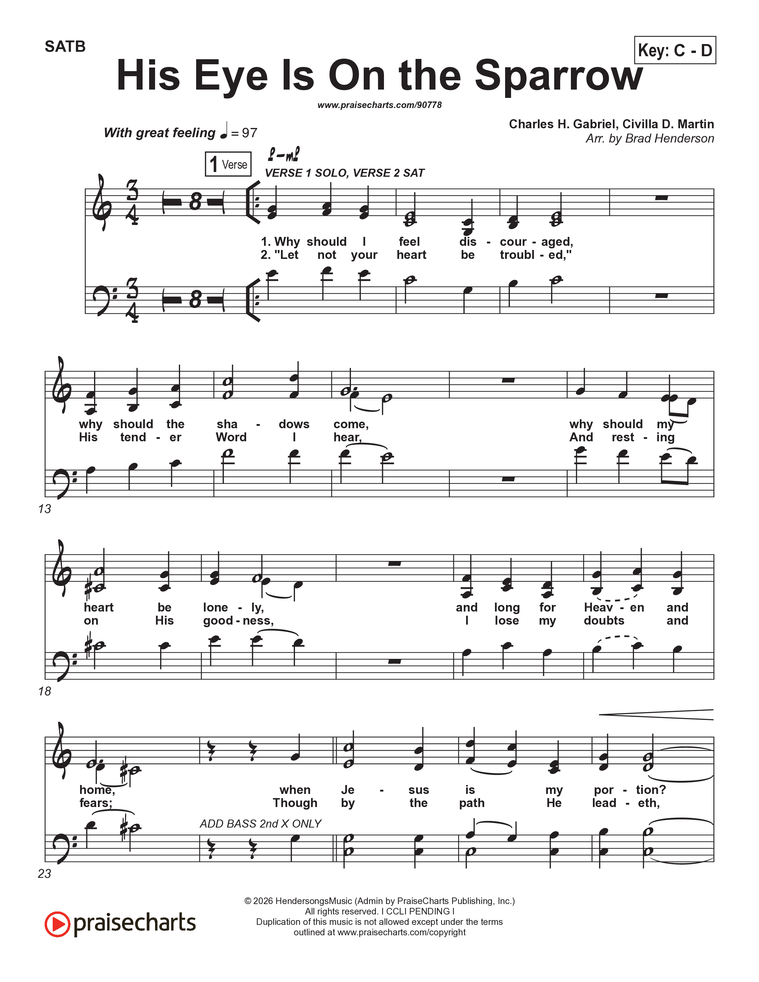 His Eye Is On The Sparrow (Choral Anthem SATB) Choir Sheet (SATB) (Brad Henderson)
