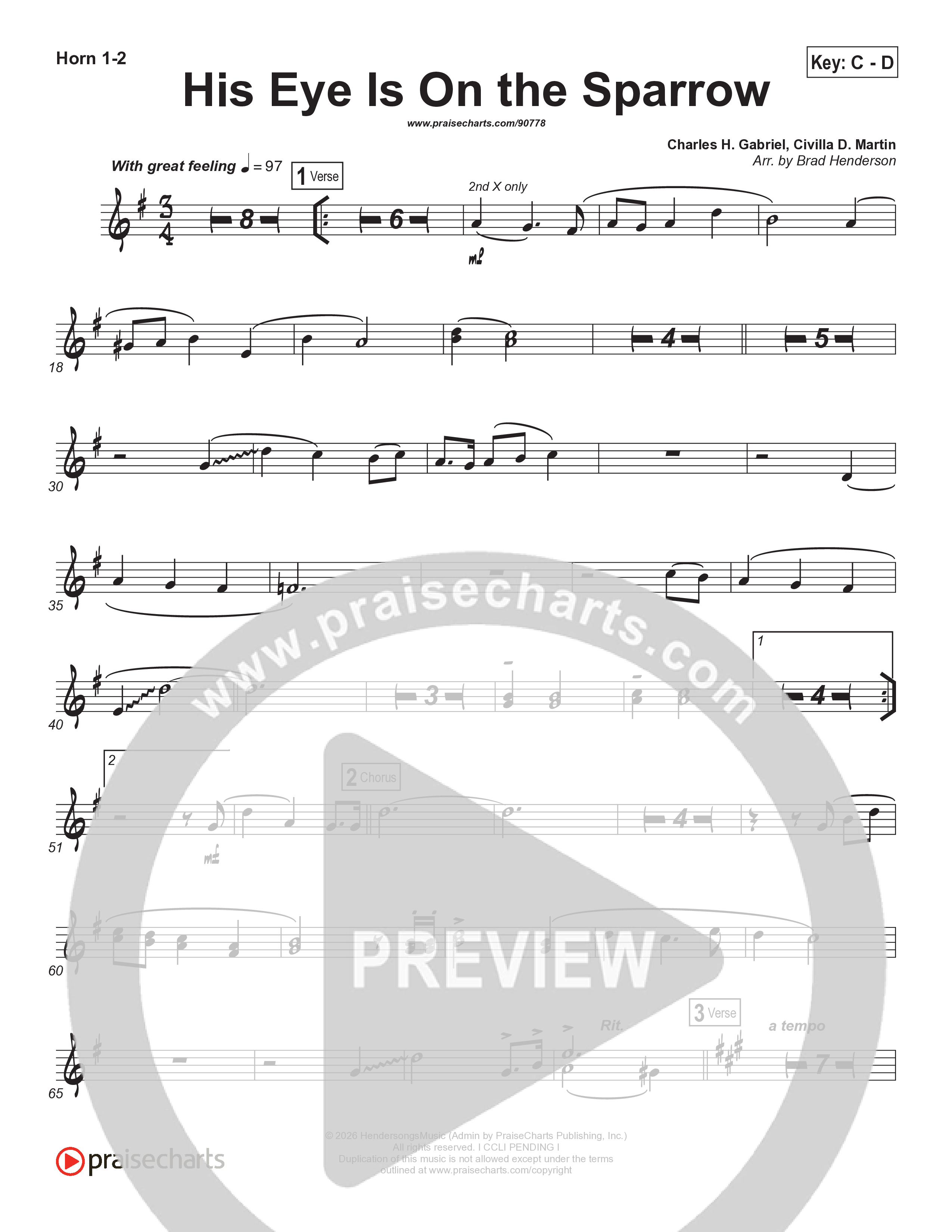 His Eye Is On The Sparrow (Choral Anthem SATB) French Horn 1/2 (Brad Henderson)