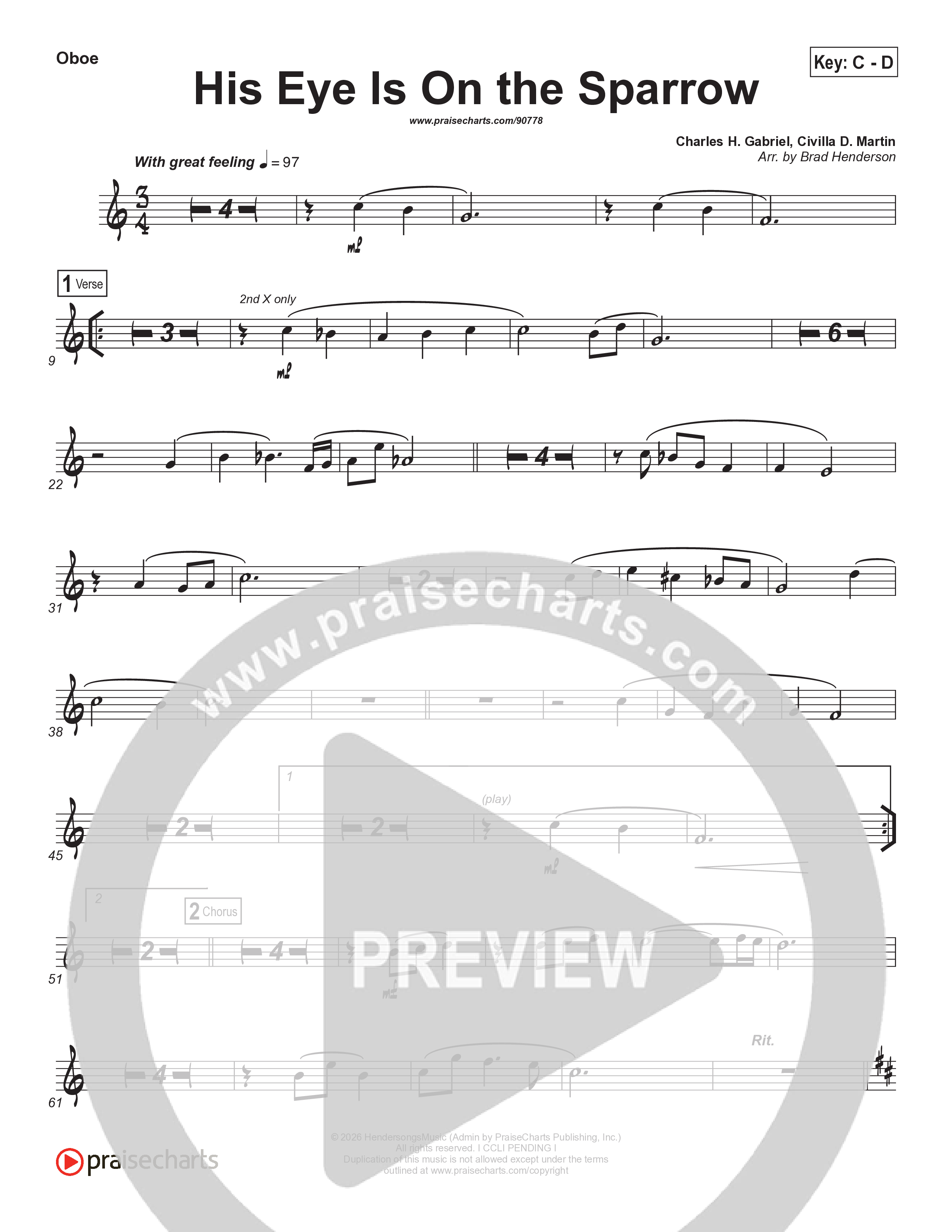 His Eye Is On The Sparrow (Choral Anthem SATB) Oboe (Brad Henderson)