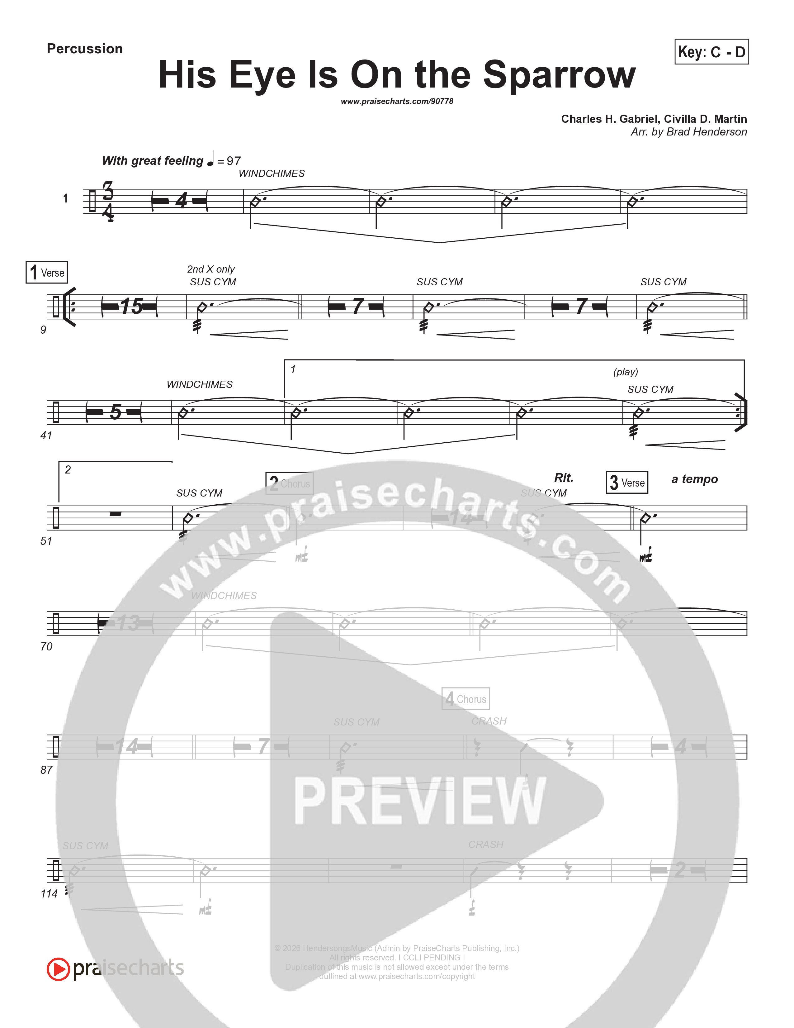 His Eye Is On The Sparrow (Choral Anthem SATB) Percussion (Brad Henderson)