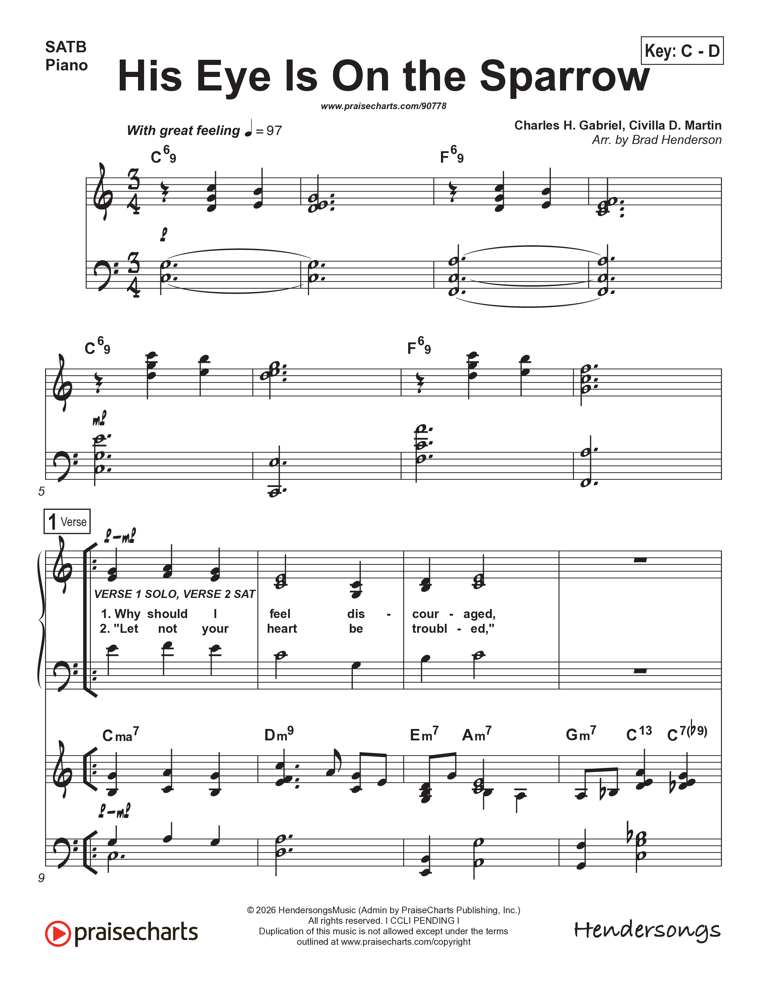 His Eye Is On The Sparrow (Choral Anthem SATB) Anthem (SATB/Piano) (Brad Henderson)