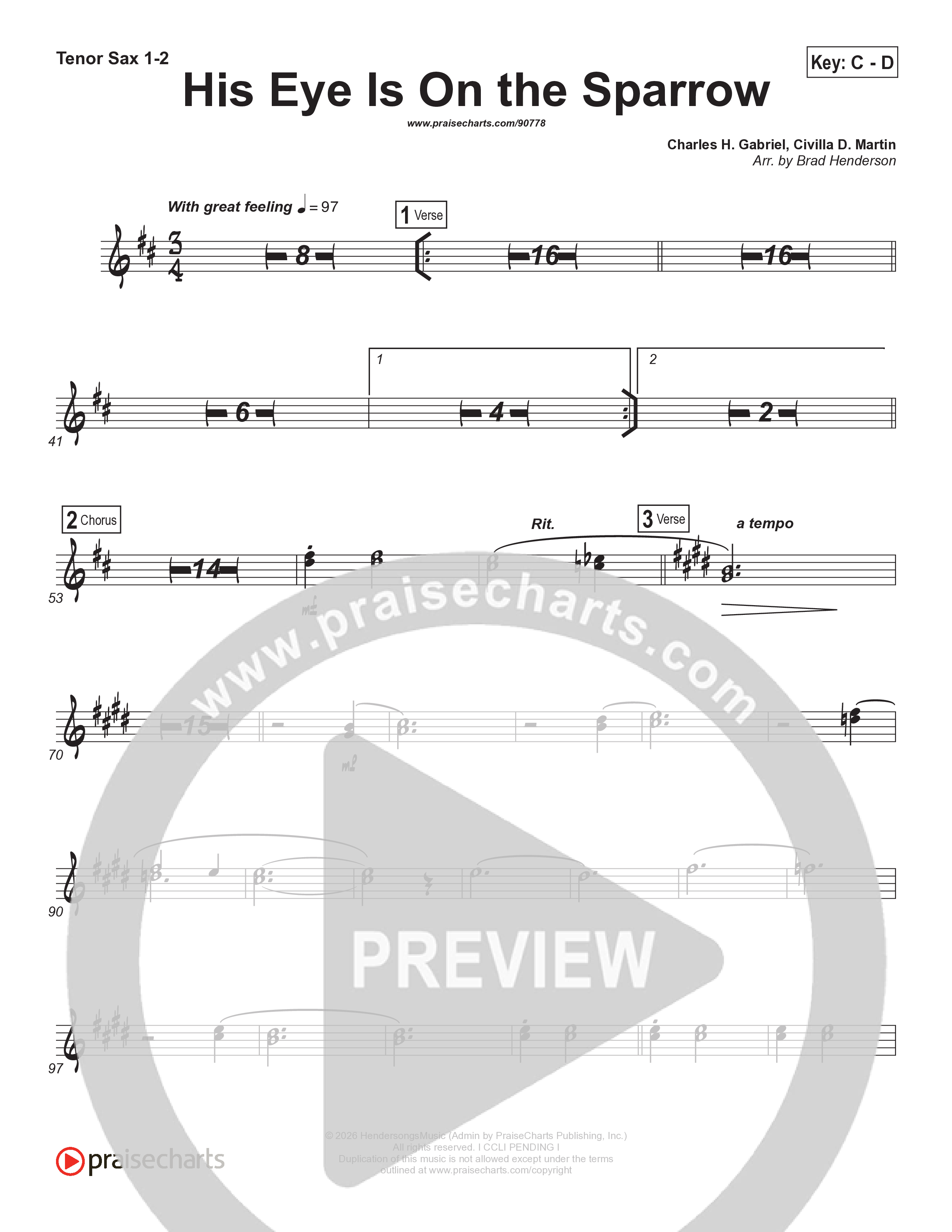 His Eye Is On The Sparrow (Choral Anthem SATB) Tenor Sax/Baritone T.C. (Brad Henderson)