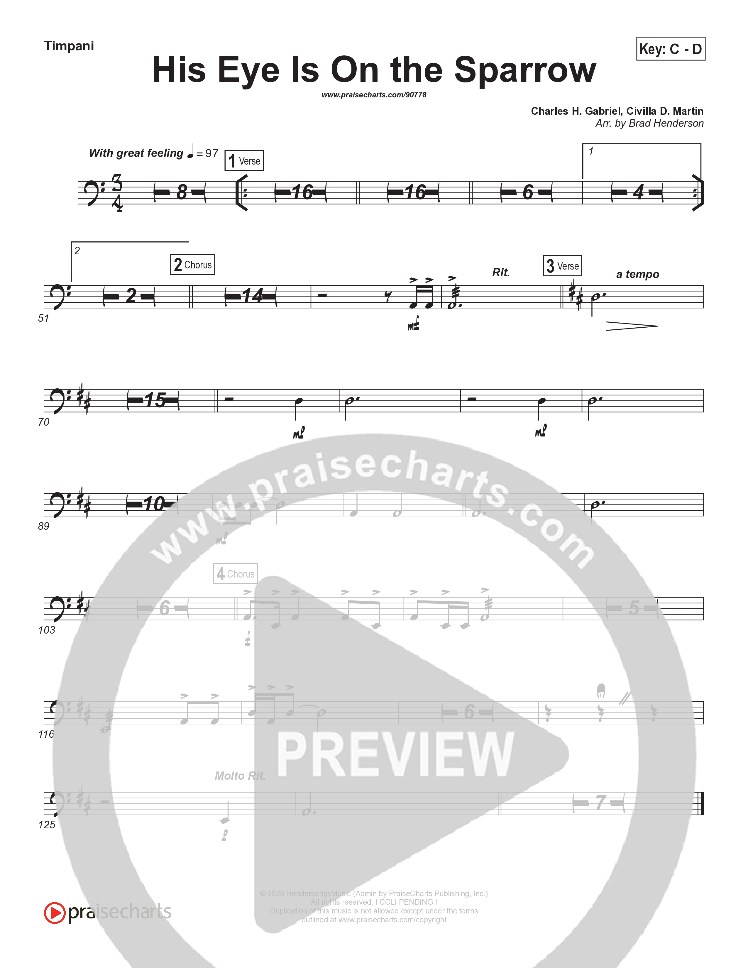 His Eye Is On The Sparrow (Choral Anthem SATB) Timpani (Brad Henderson)
