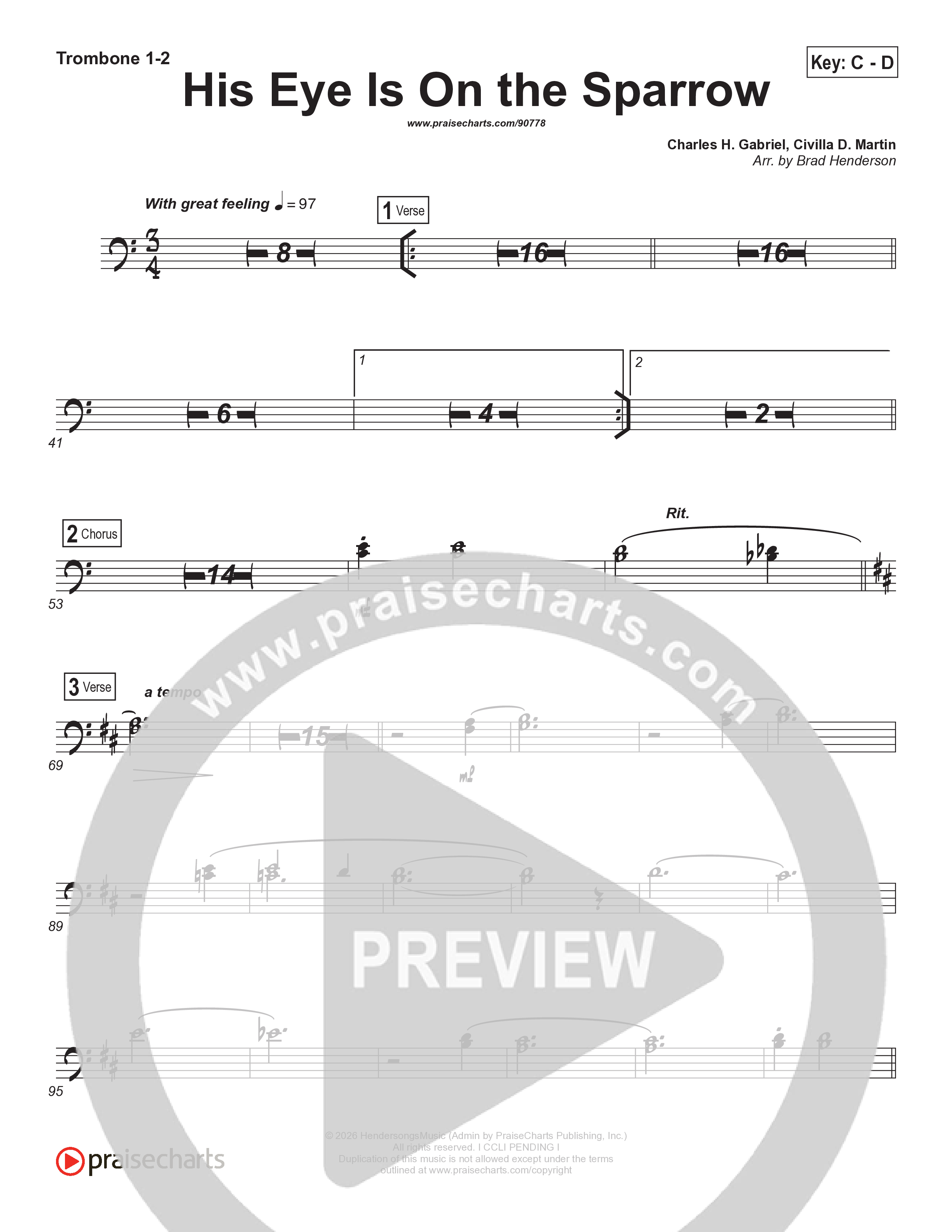 His Eye Is On The Sparrow (Choral Anthem SATB) Trombone 1/2 (Brad Henderson)