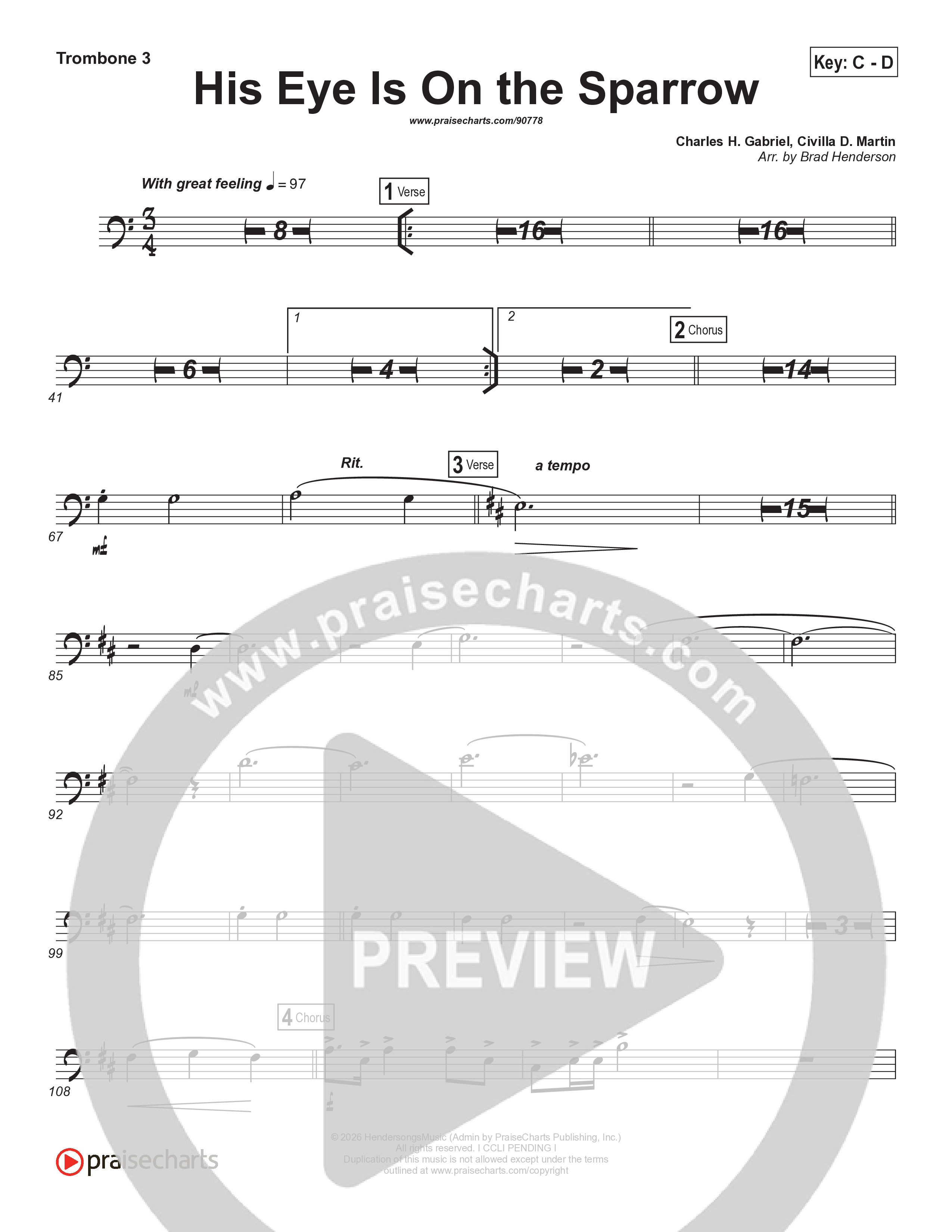 His Eye Is On The Sparrow (Choral Anthem SATB) Trombone 3 (Brad Henderson)
