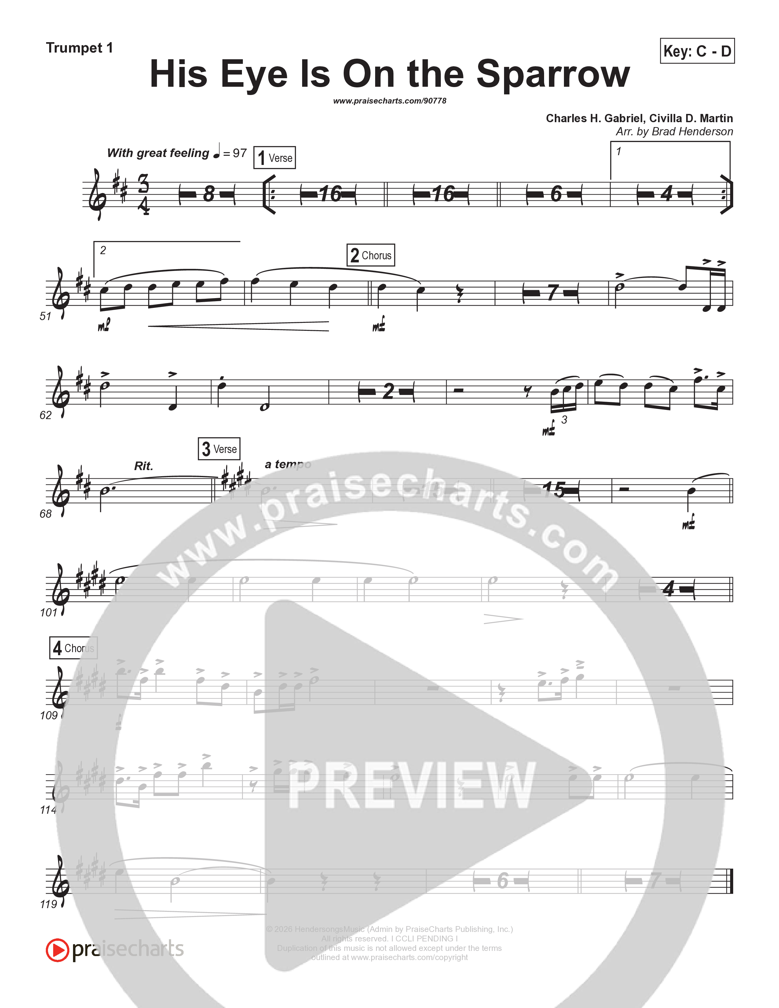 His Eye Is On The Sparrow (Choral Anthem SATB) Trumpet 1 (Brad Henderson)