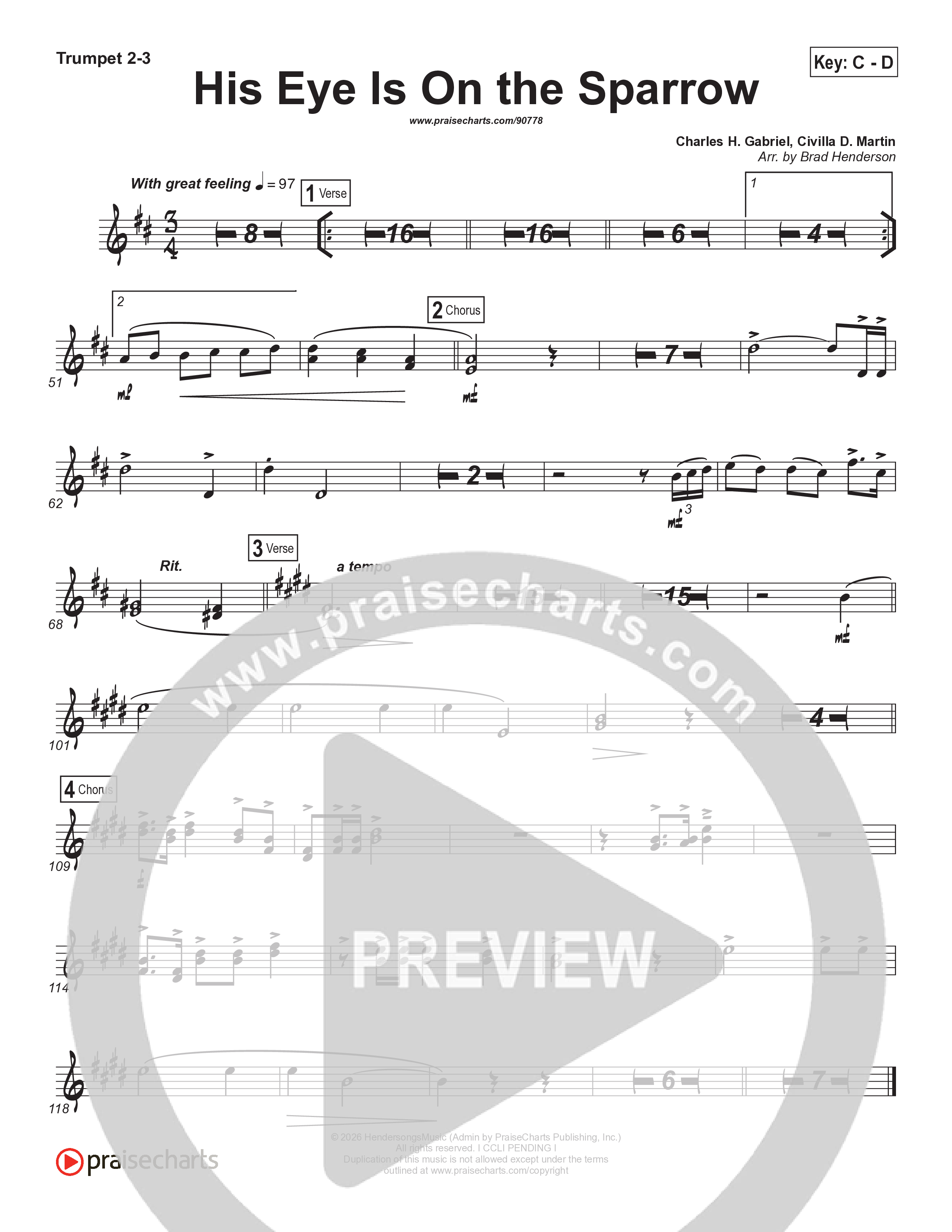 His Eye Is On The Sparrow (Choral Anthem SATB) Trumpet 2/3 (Brad Henderson)