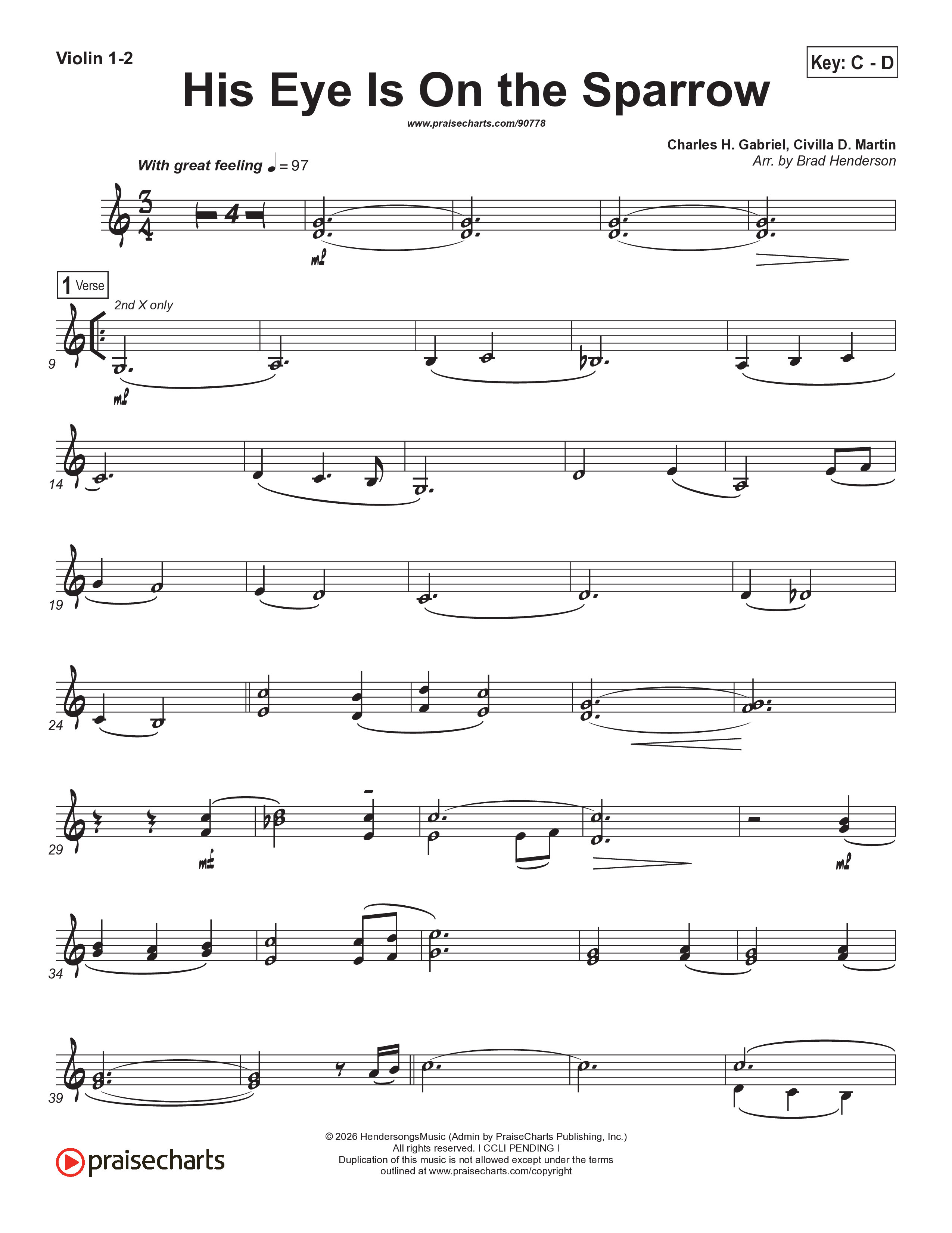 His Eye Is On The Sparrow (Choral Anthem SATB) Violin 1/2 (Brad Henderson)