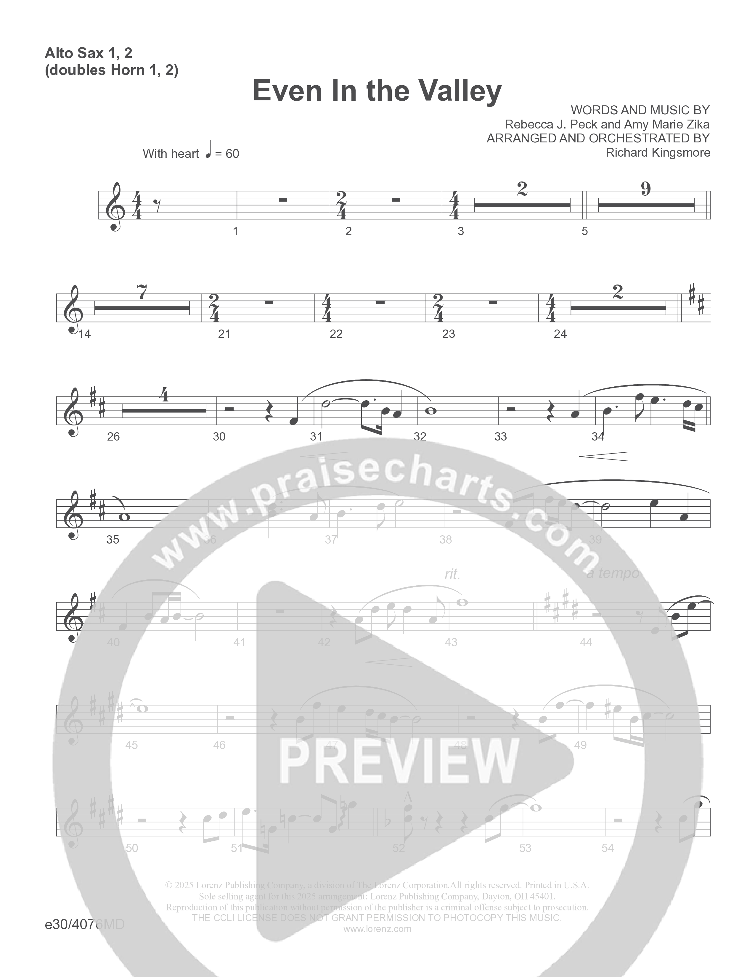 Even In The Valley (Choral Anthem SATB) Alto Sax 1/2 (Word Music Choral / Arr. Richard Kingsmore)