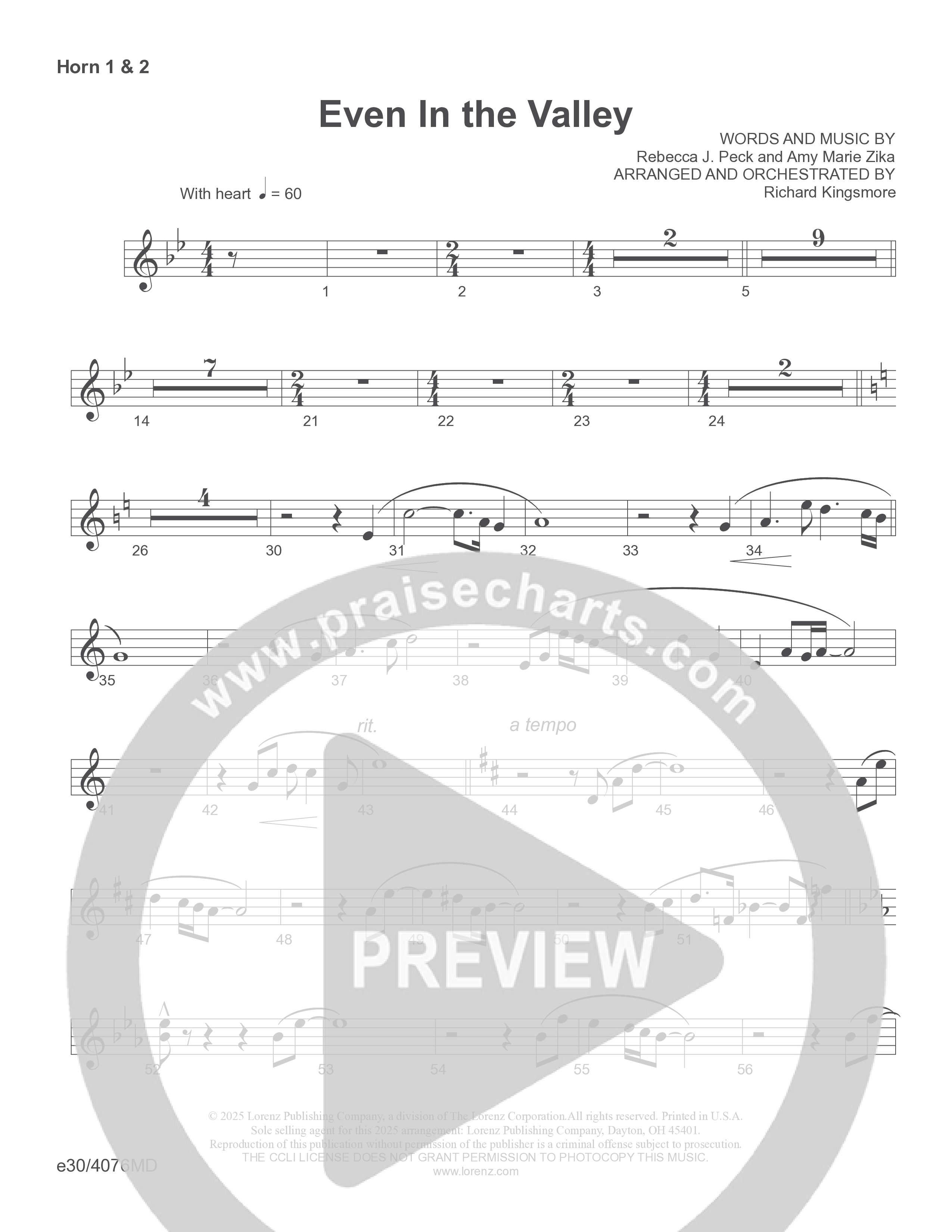 Even In The Valley (Choral Anthem SATB) French Horn 1/2 (Word Music Choral / Arr. Richard Kingsmore)