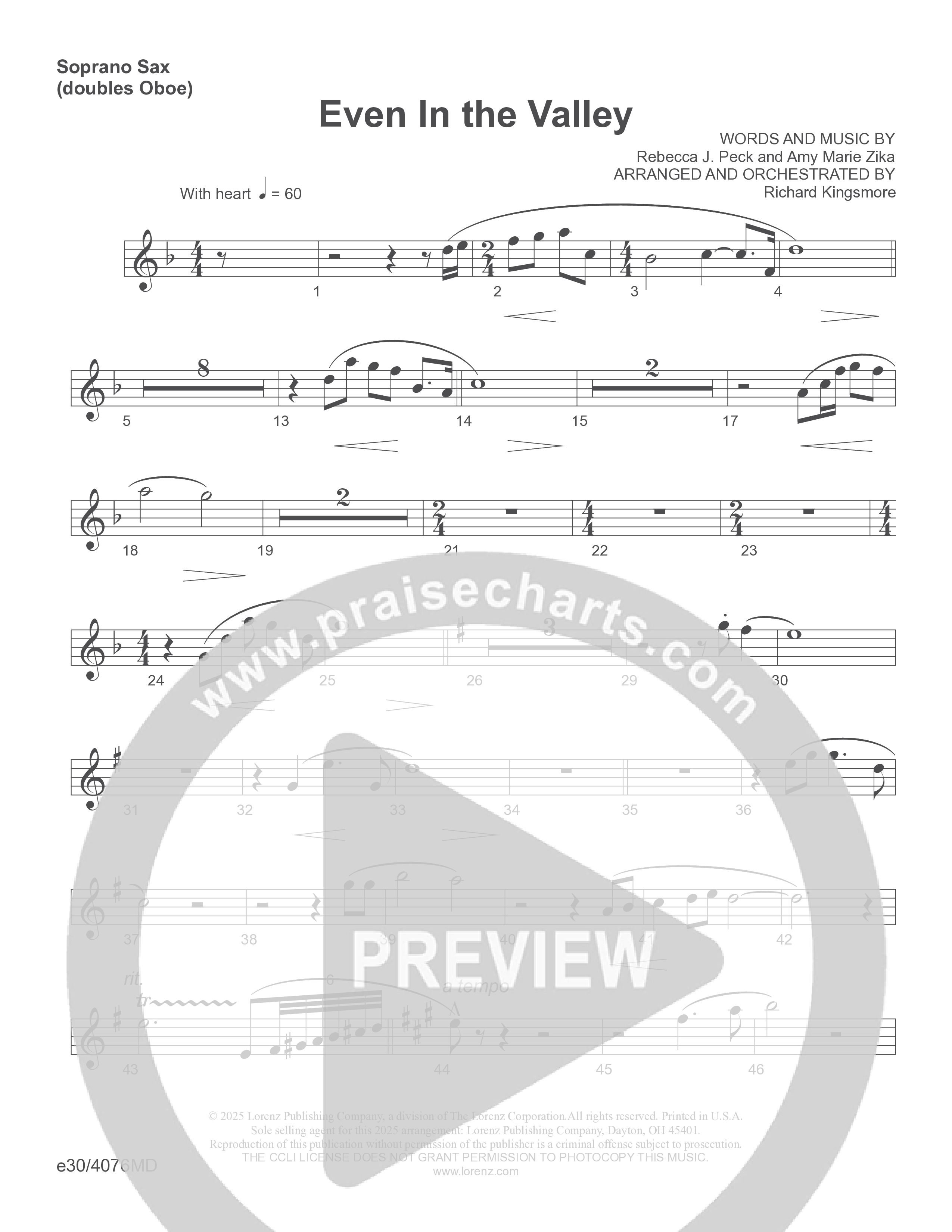 Even In The Valley (Choral Anthem SATB) Soprano Sax (Word Music Choral / Arr. Richard Kingsmore)