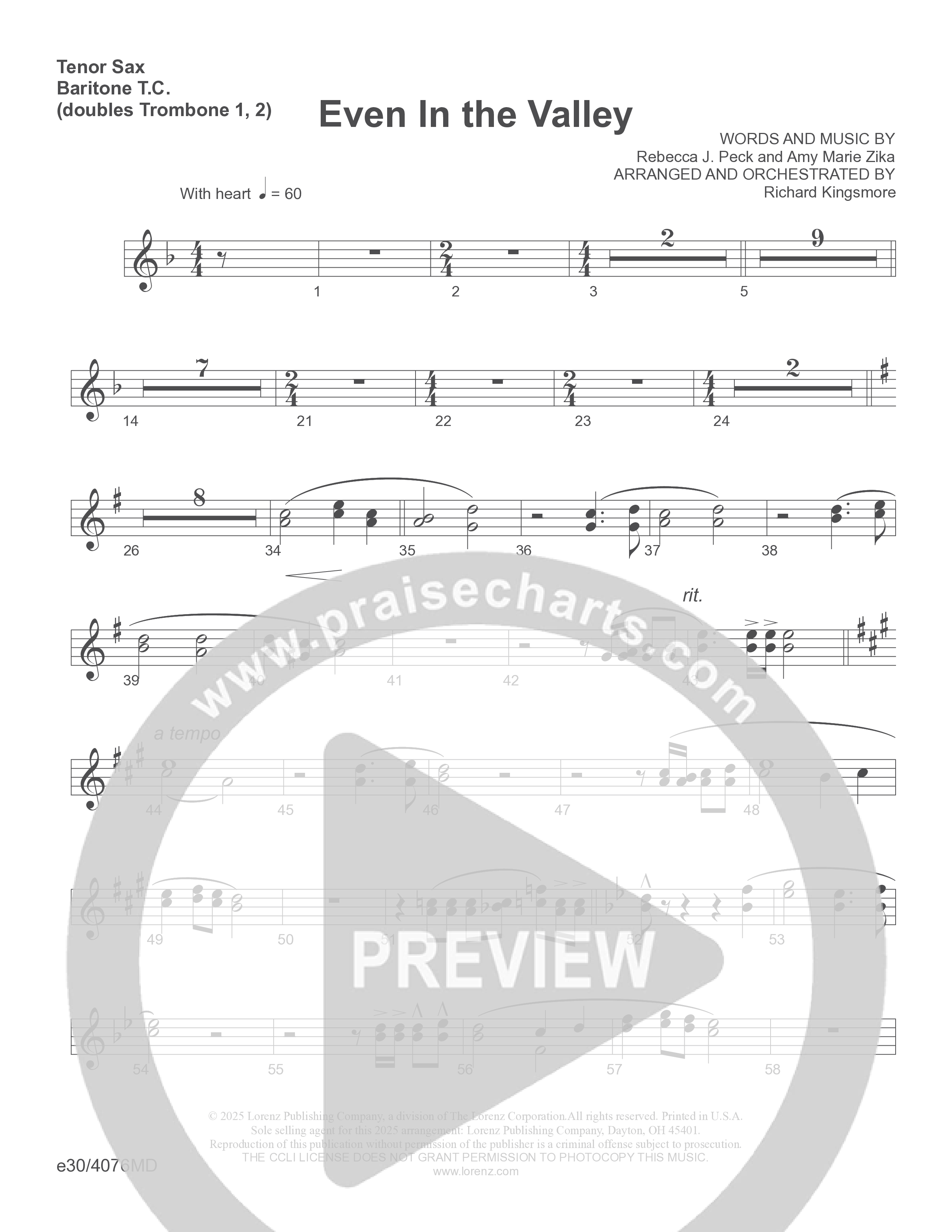 Even In The Valley (Choral Anthem SATB) Tenor Sax/Baritone T.C. (Word Music Choral / Arr. Richard Kingsmore)