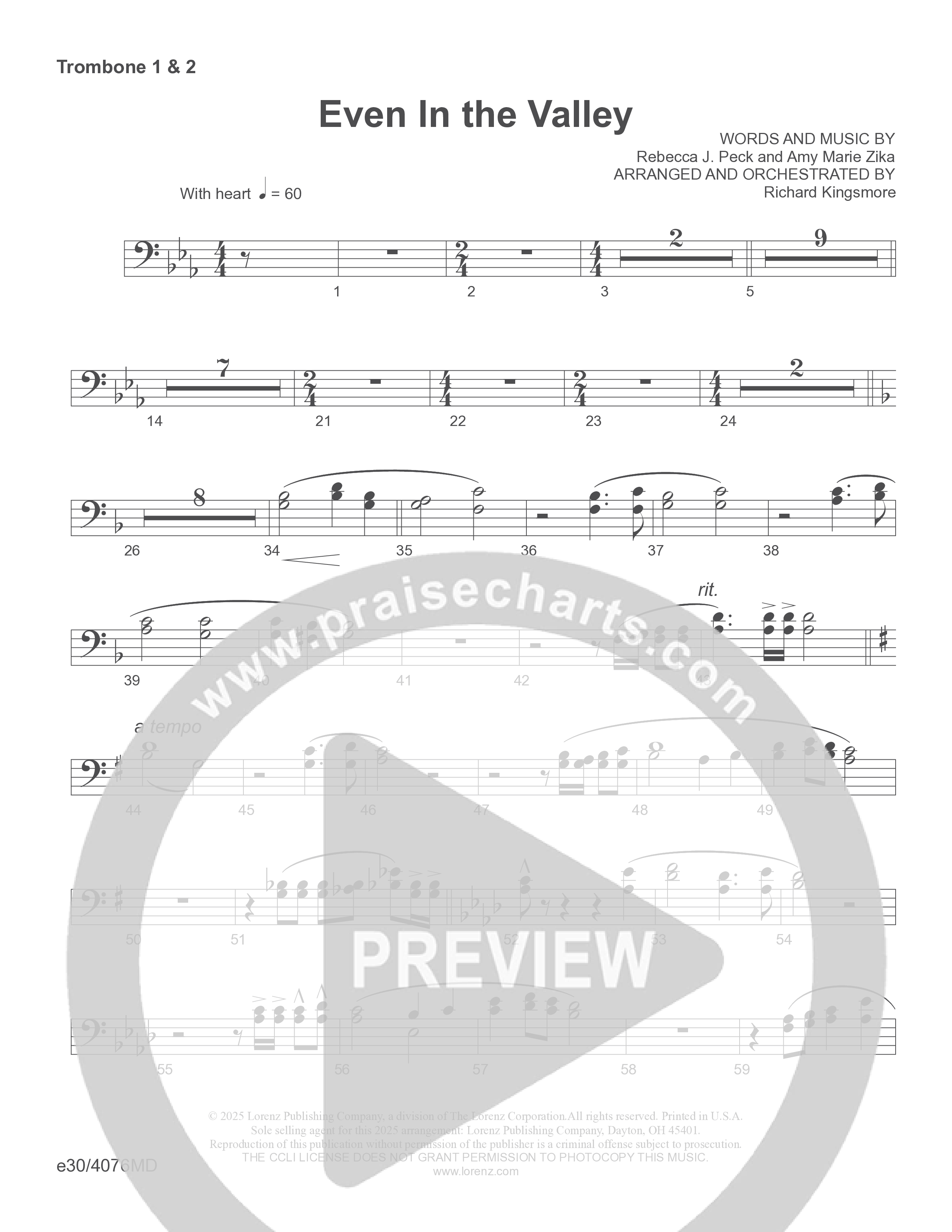 Even In The Valley (Choral Anthem SATB) Trombone 1/2 (Word Music Choral / Arr. Richard Kingsmore)