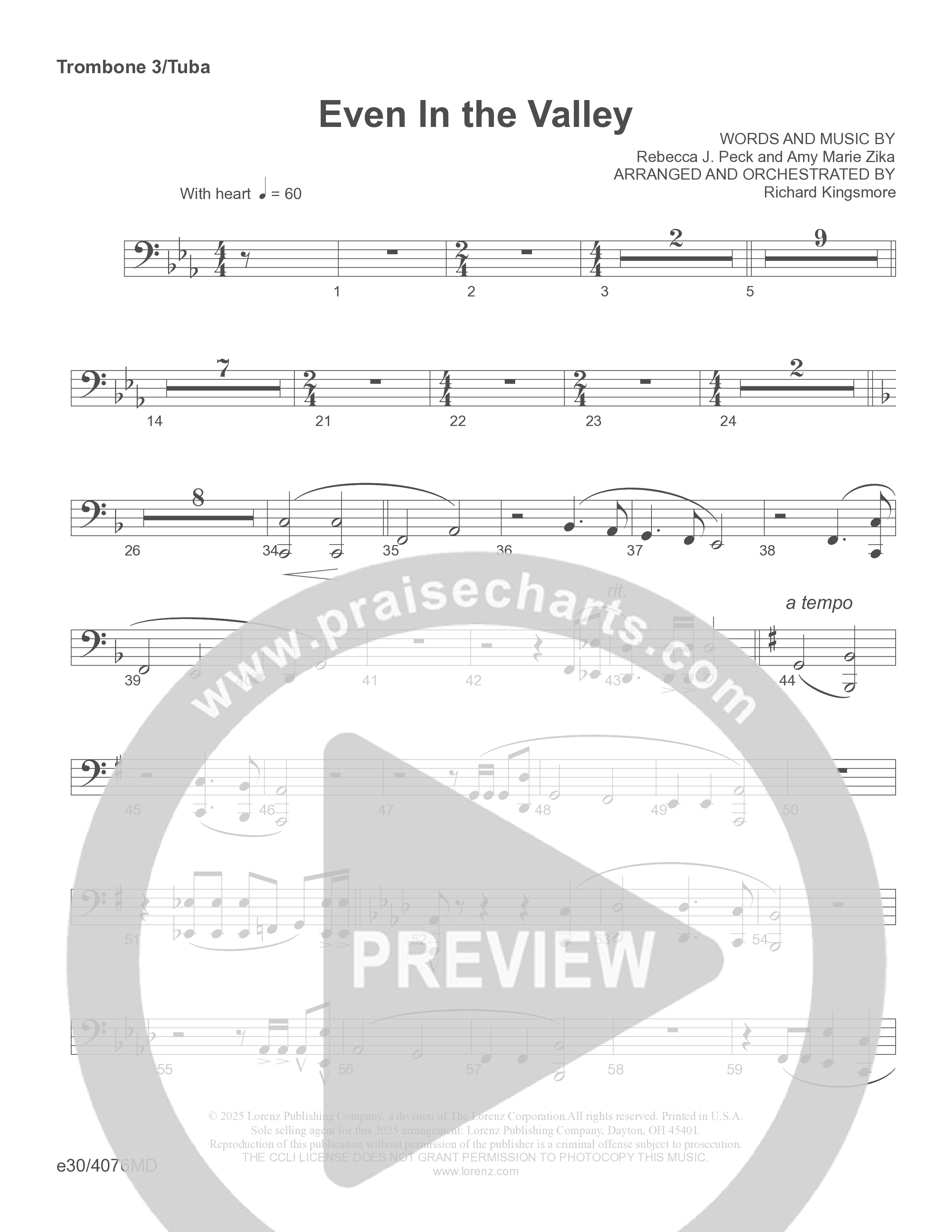 Even In The Valley (Choral Anthem SATB) Trombone 3/Tuba (Word Music Choral / Arr. Richard Kingsmore)