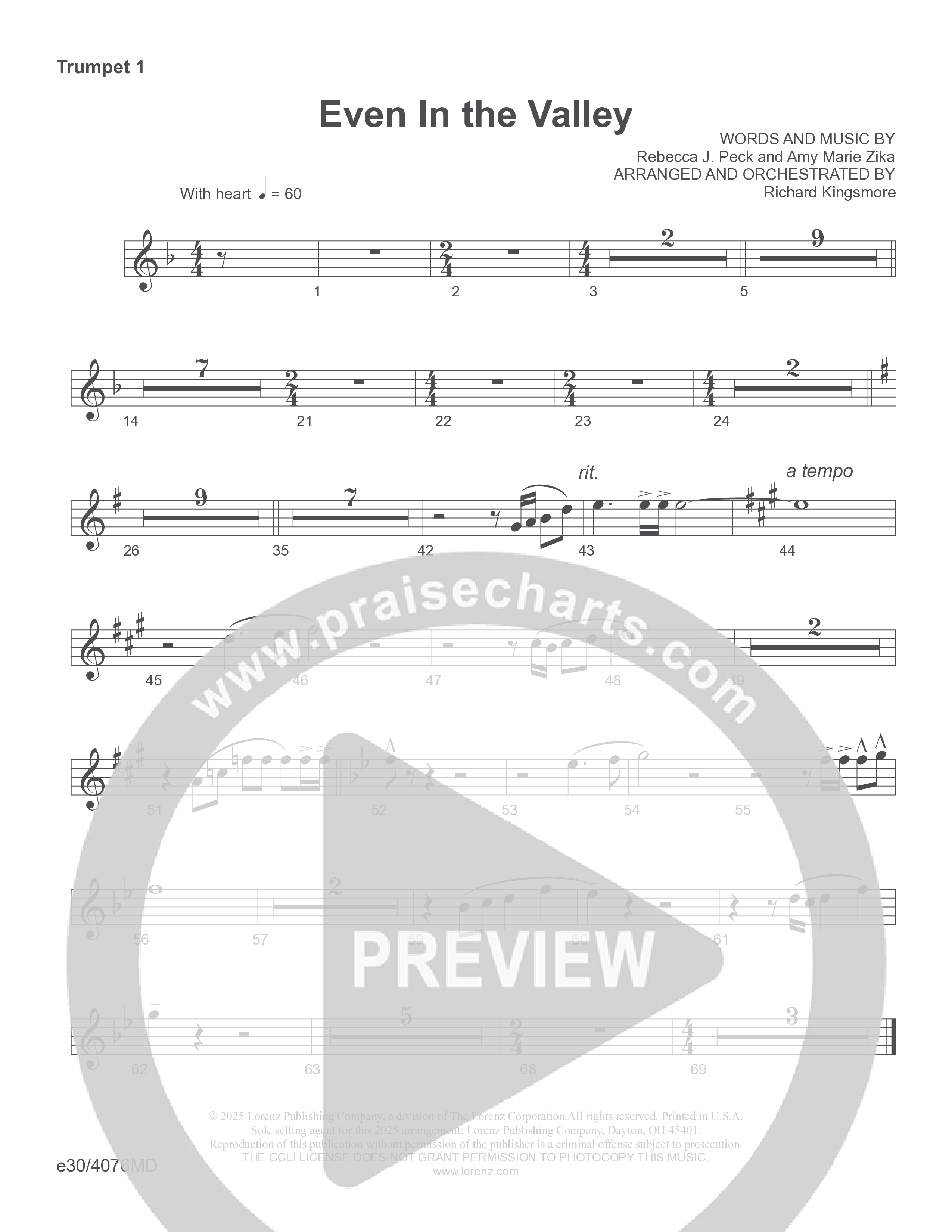Even In The Valley (Choral Anthem SATB) Trumpet 1/2/3 (Word Music Choral / Arr. Richard Kingsmore)
