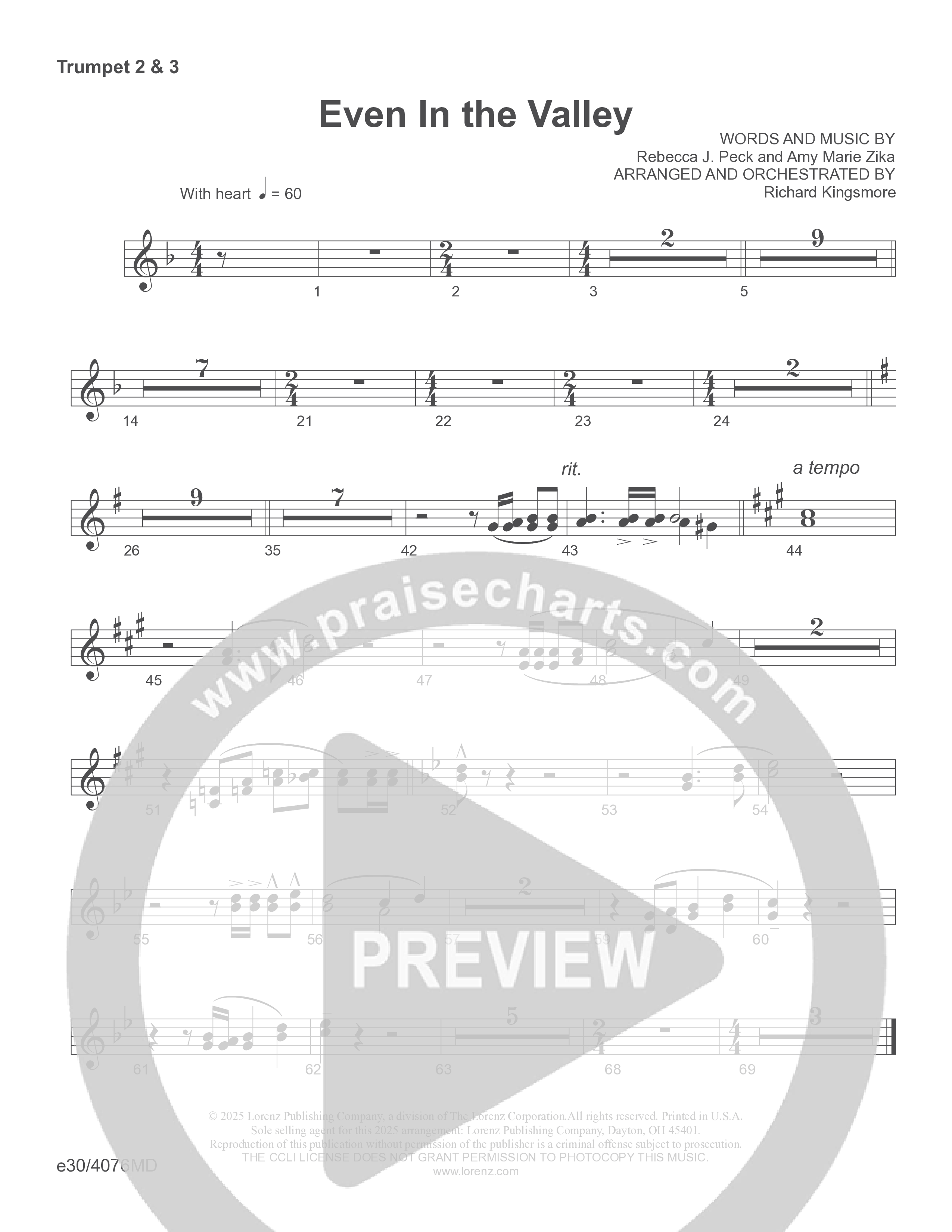 Even In The Valley (Choral Anthem SATB) Trumpet 1/2/3 (Word Music Choral / Arr. Richard Kingsmore)