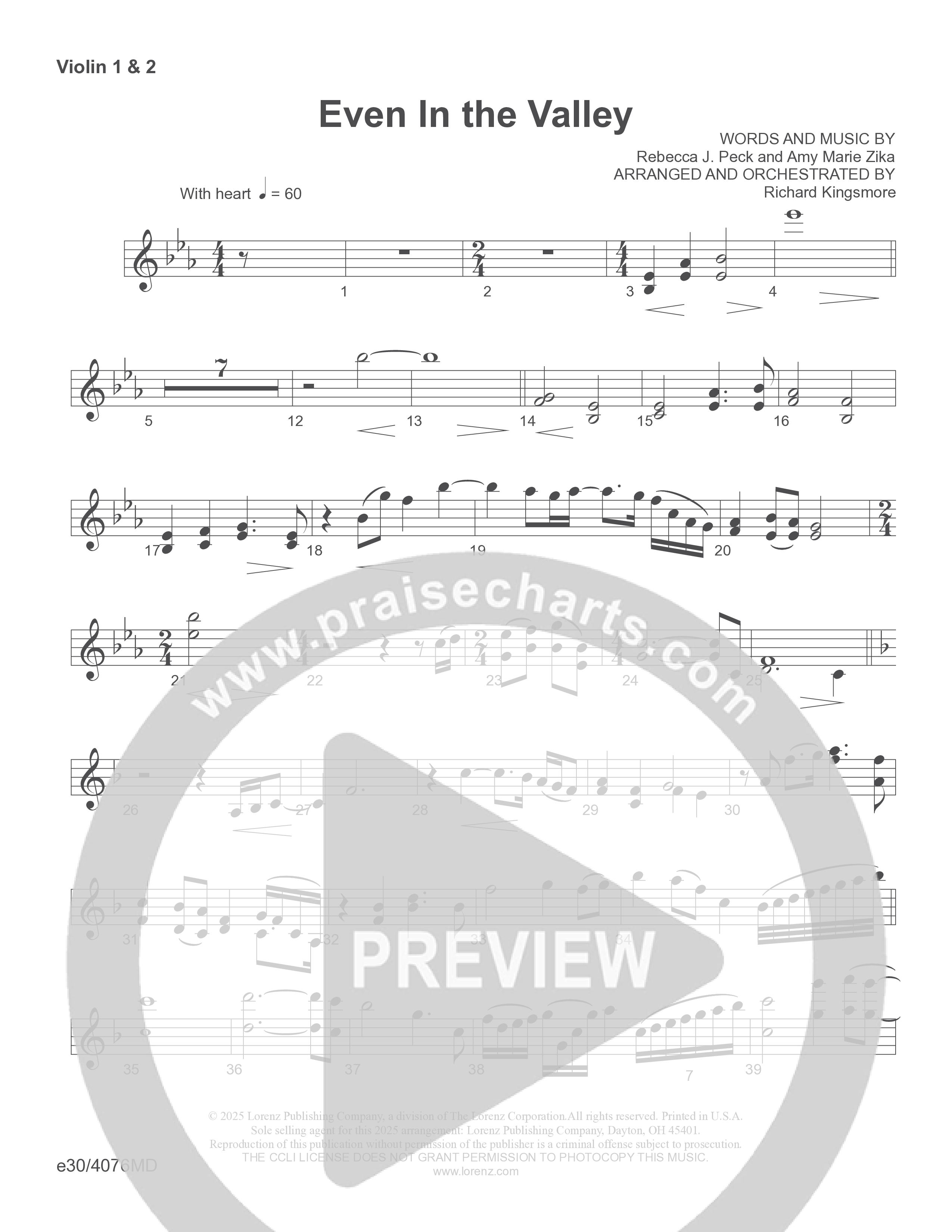Even In The Valley (Choral Anthem SATB) Violin 1/2 (Word Music Choral / Arr. Richard Kingsmore)