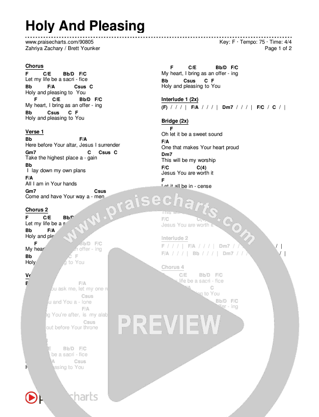 Holy And Pleasing Chords & Lyrics (Brett Younker / Zahriya Zachary)