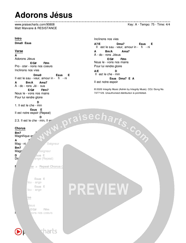 Adorons Jésus Chord Chart (Matt Marvane & RESISTANCE)