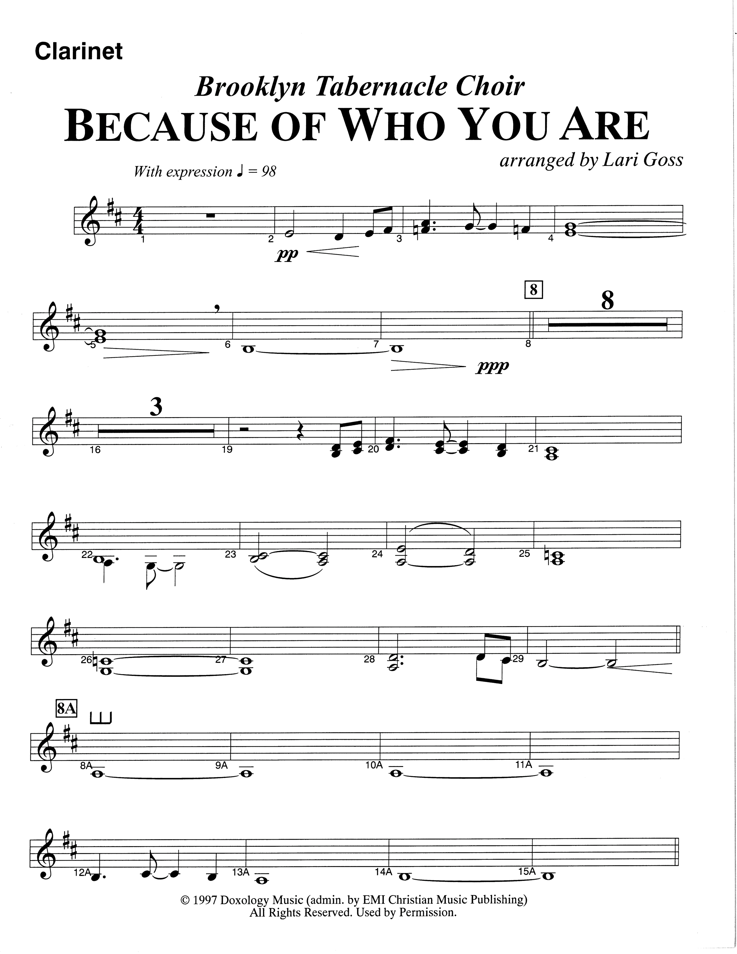 Because Of Who You Are (Choral Anthem SATB) Bass Clarinet (The Brooklyn Tabernacle Choir / Arr. Carol Cymbala)