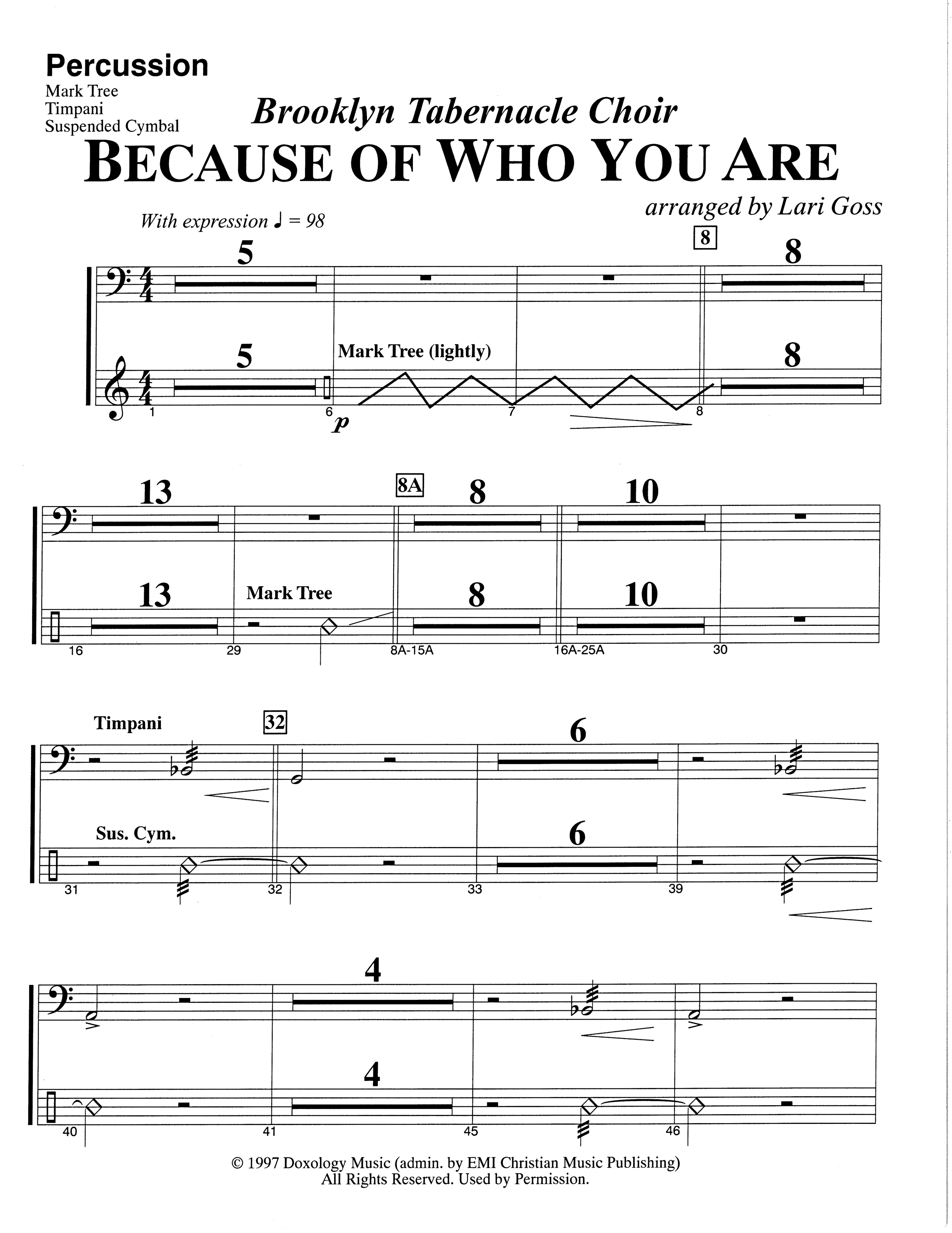 Because Of Who You Are (Choral Anthem SATB) Percussion (The Brooklyn Tabernacle Choir / Arr. Carol Cymbala)
