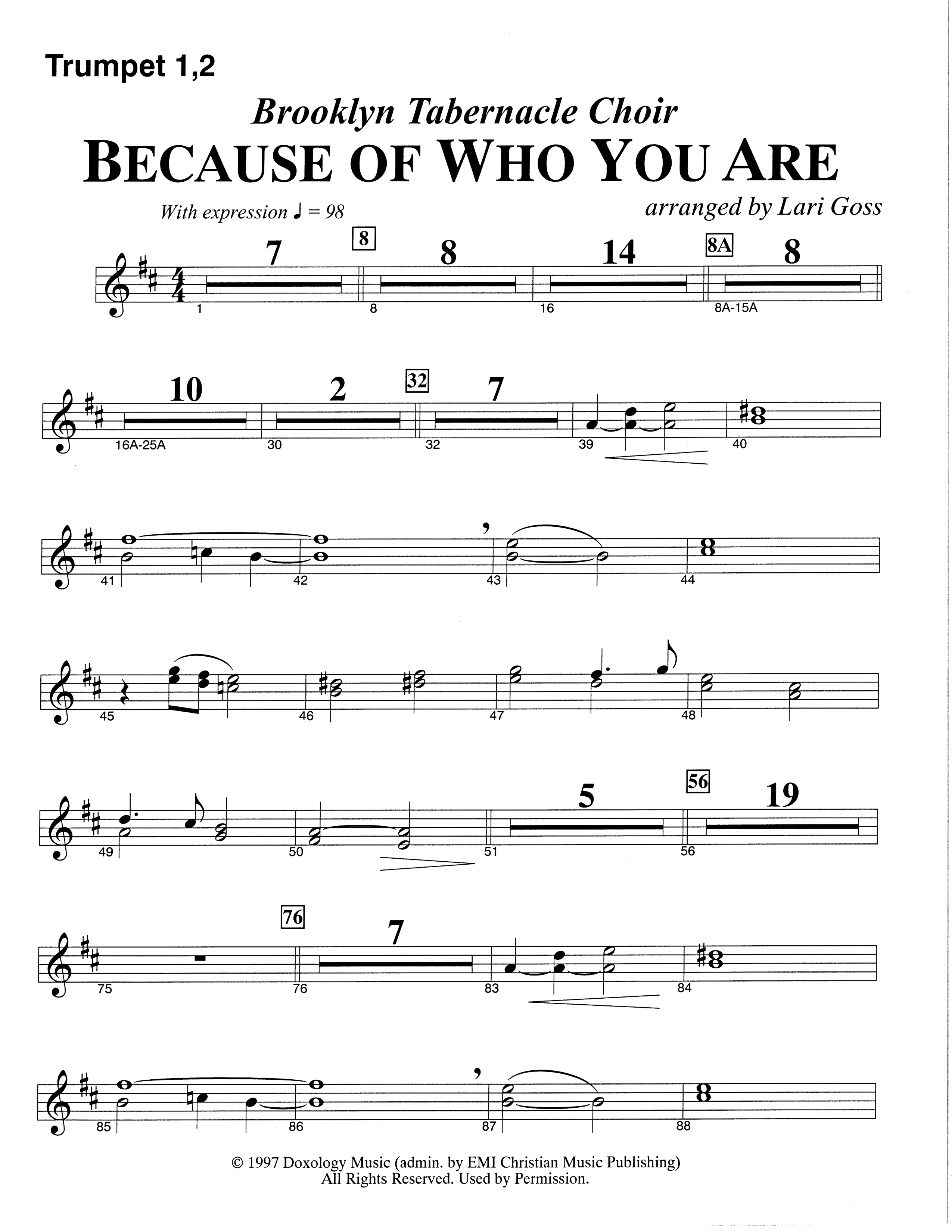 Because Of Who You Are (Choral Anthem SATB) Trumpet 1,2 (The Brooklyn Tabernacle Choir / Arr. Carol Cymbala)