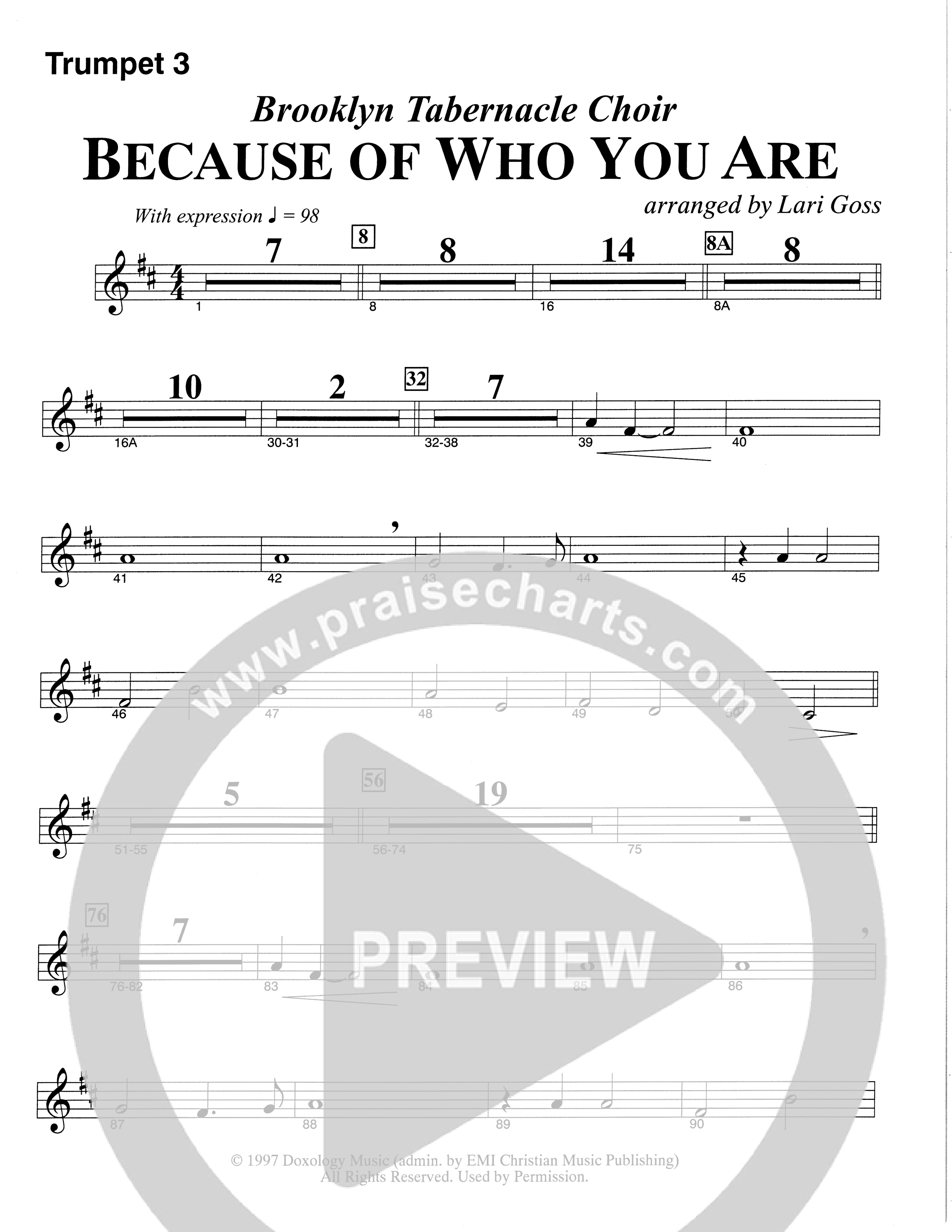 Because Of Who You Are (Choral Anthem SATB) Trumpet 3 (The Brooklyn Tabernacle Choir / Arr. Carol Cymbala)