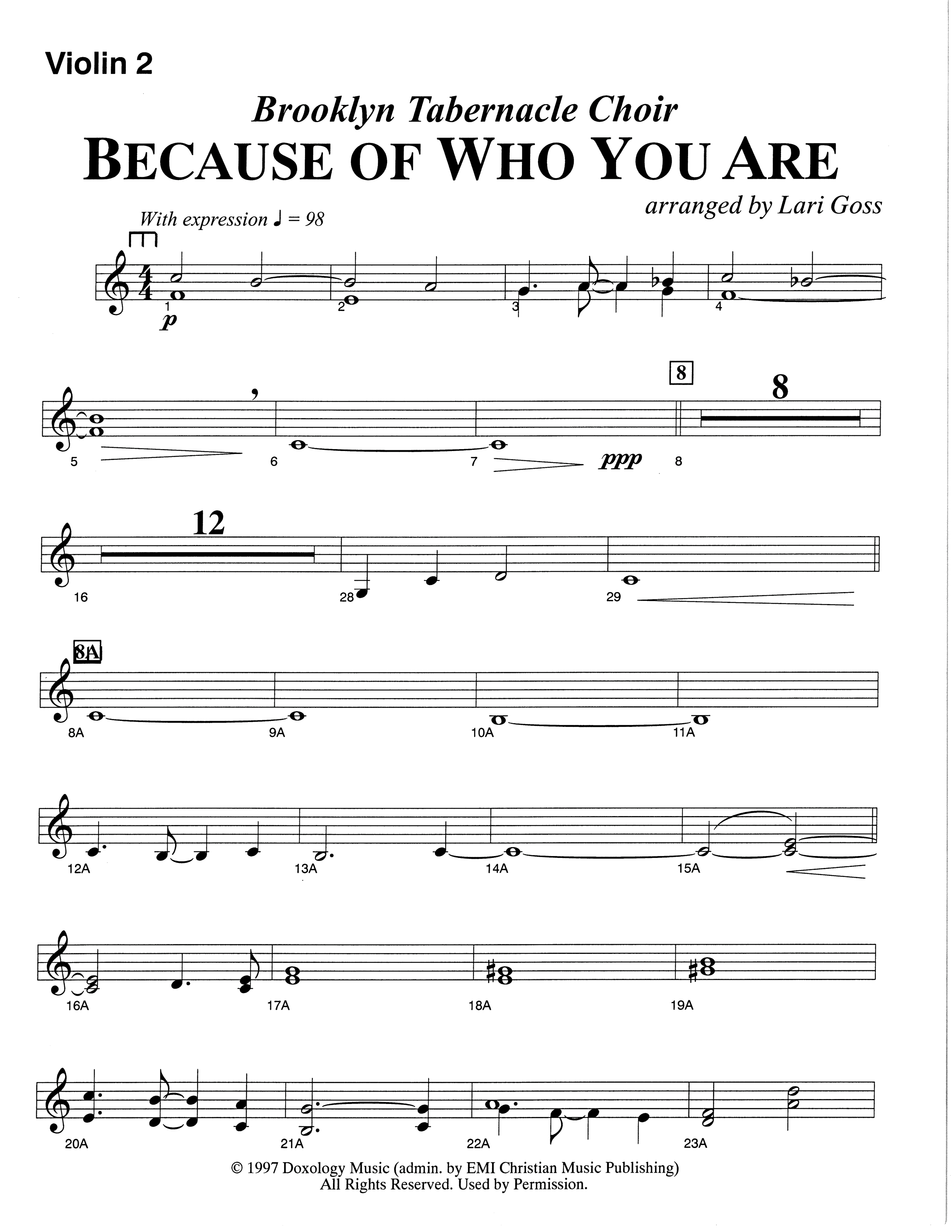 Because Of Who You Are (Choral Anthem SATB) Violin 2 (The Brooklyn Tabernacle Choir / Arr. Carol Cymbala)