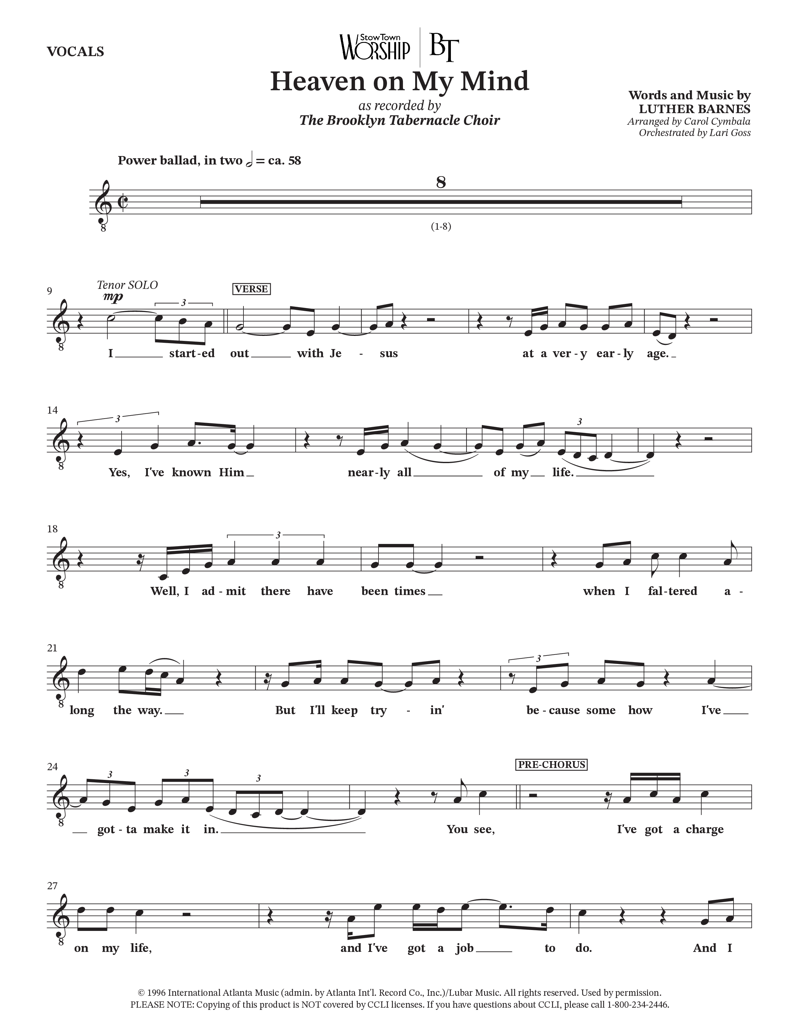 Heaven On My Mind (Choral Anthem SATB) Choir Sheet (SATB) (The Brooklyn Tabernacle Choir / Arr. Carol Cymbala / Orch. Lari Goss)
