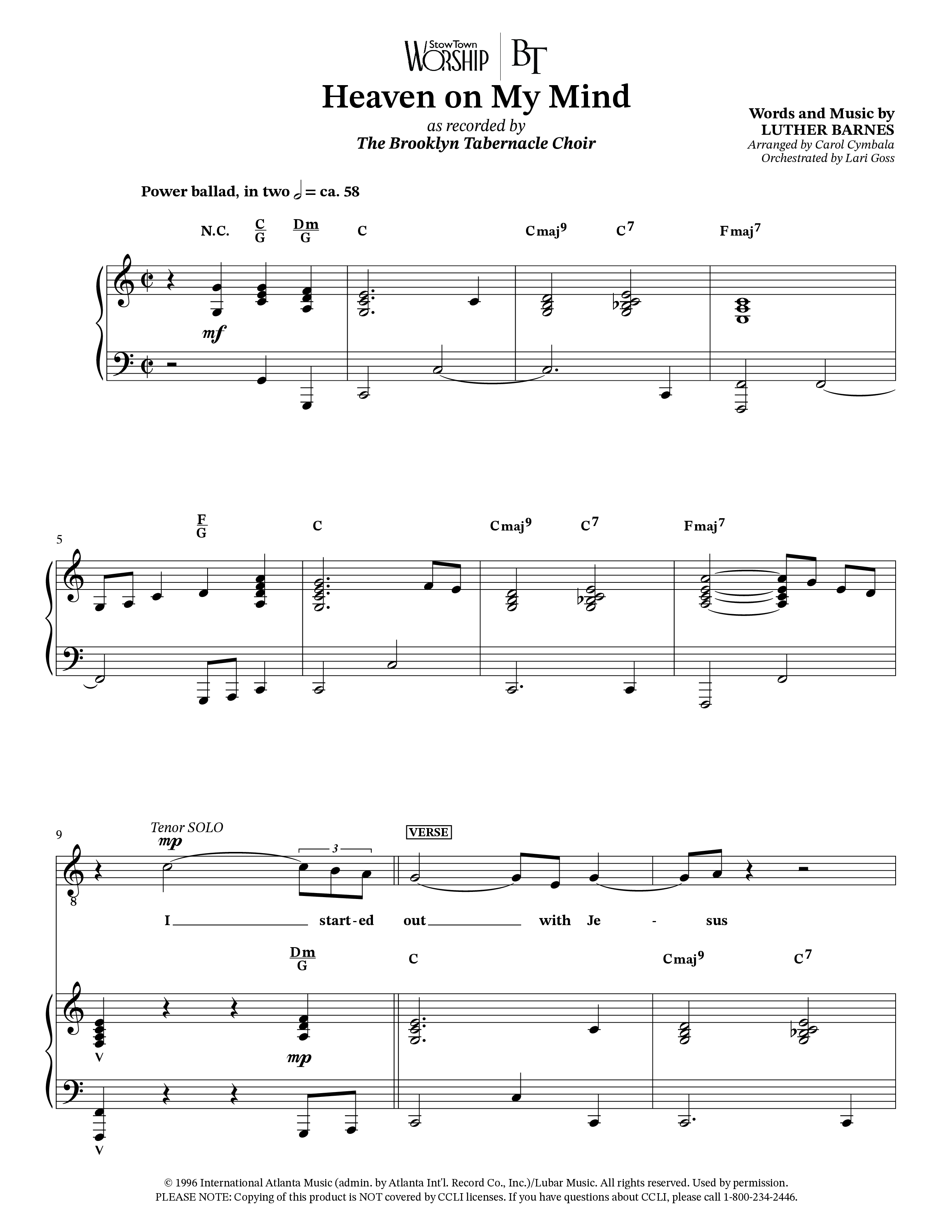 Heaven On My Mind (Choral Anthem SATB) Anthem (SATB/Piano) (The Brooklyn Tabernacle Choir / Arr. Carol Cymbala / Orch. Lari Goss)