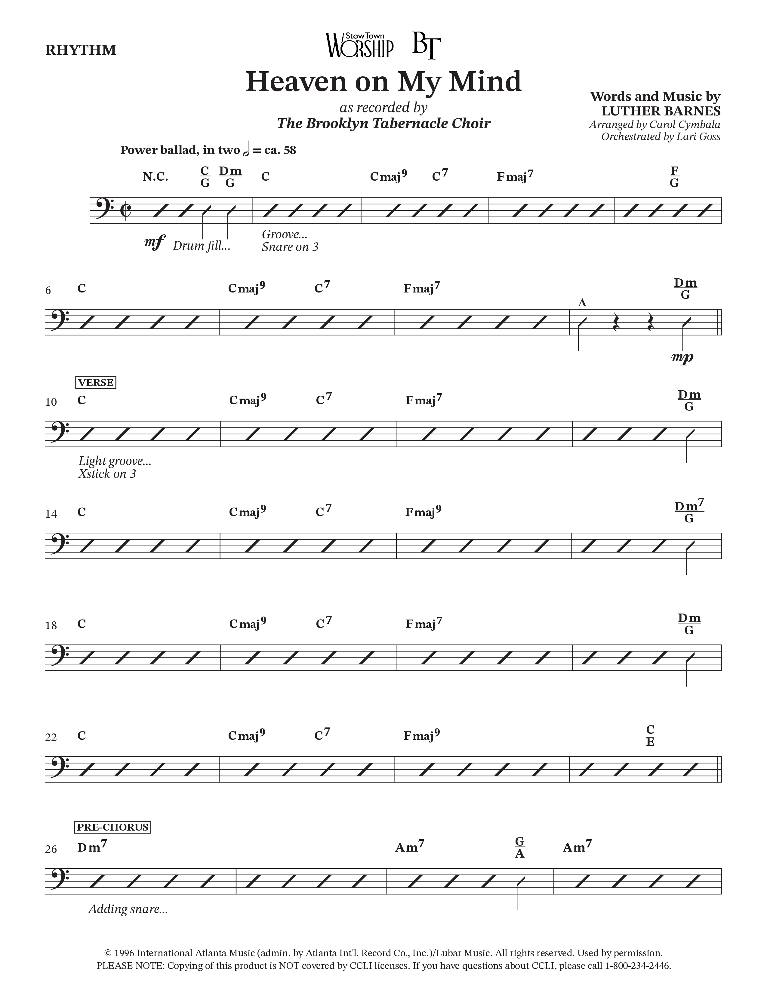 Heaven On My Mind (Choral Anthem SATB) Rhythm Chart (The Brooklyn Tabernacle Choir / Arr. Carol Cymbala / Orch. Lari Goss)