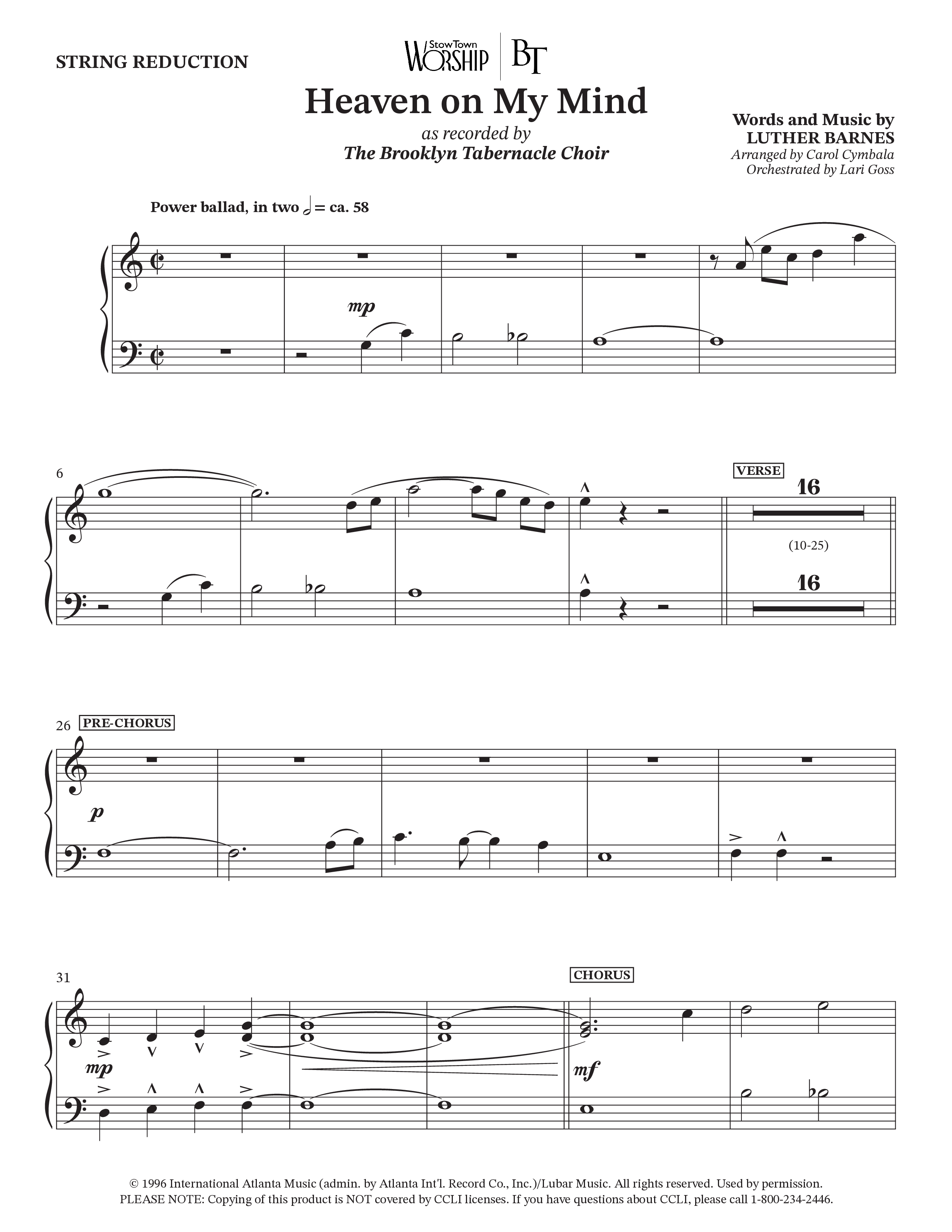 Heaven On My Mind (Choral Anthem SATB) String Reduction (The Brooklyn Tabernacle Choir / Arr. Carol Cymbala / Orch. Lari Goss)