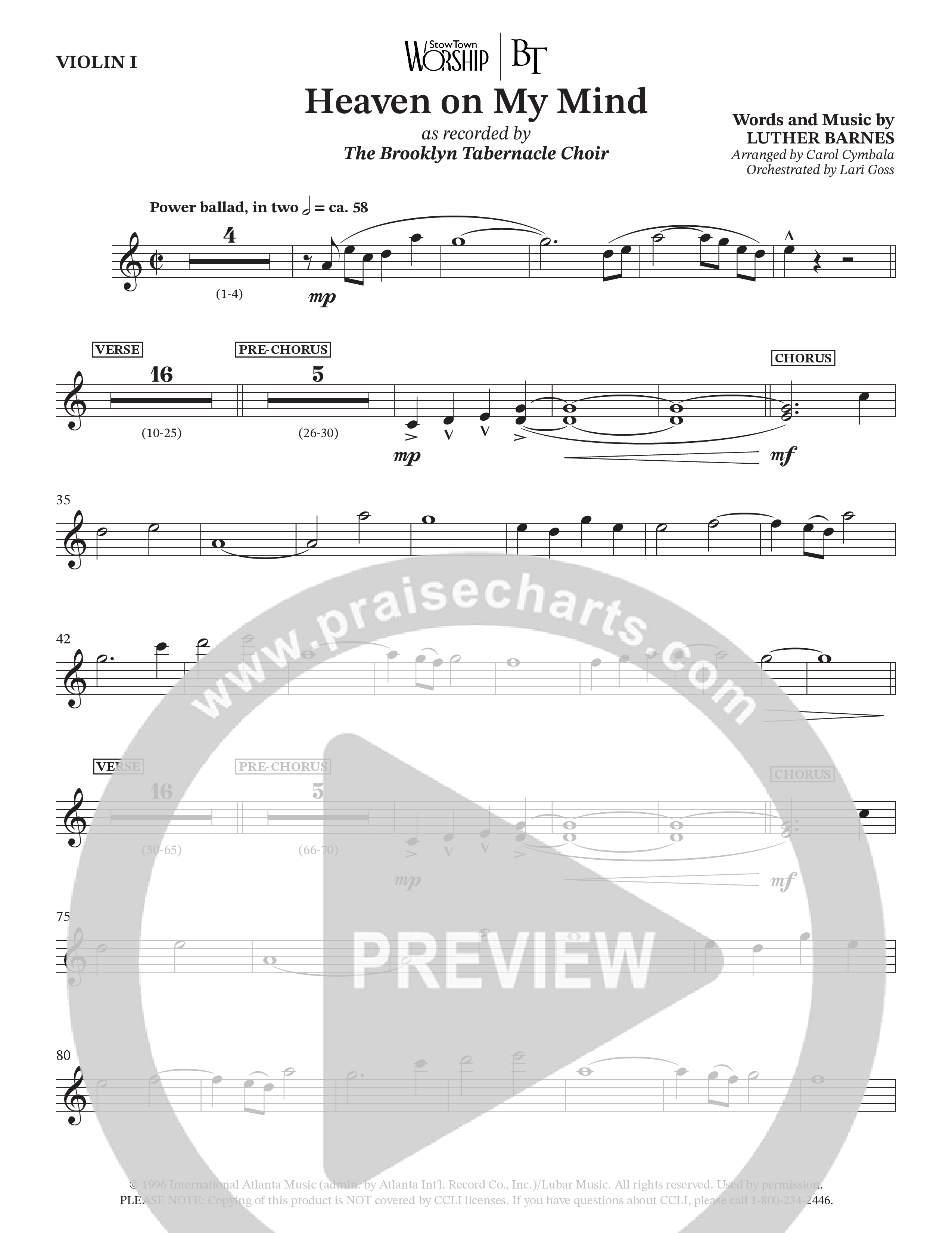 Heaven On My Mind (Choral Anthem SATB) Violin 1 (The Brooklyn Tabernacle Choir / Arr. Carol Cymbala / Orch. Lari Goss)