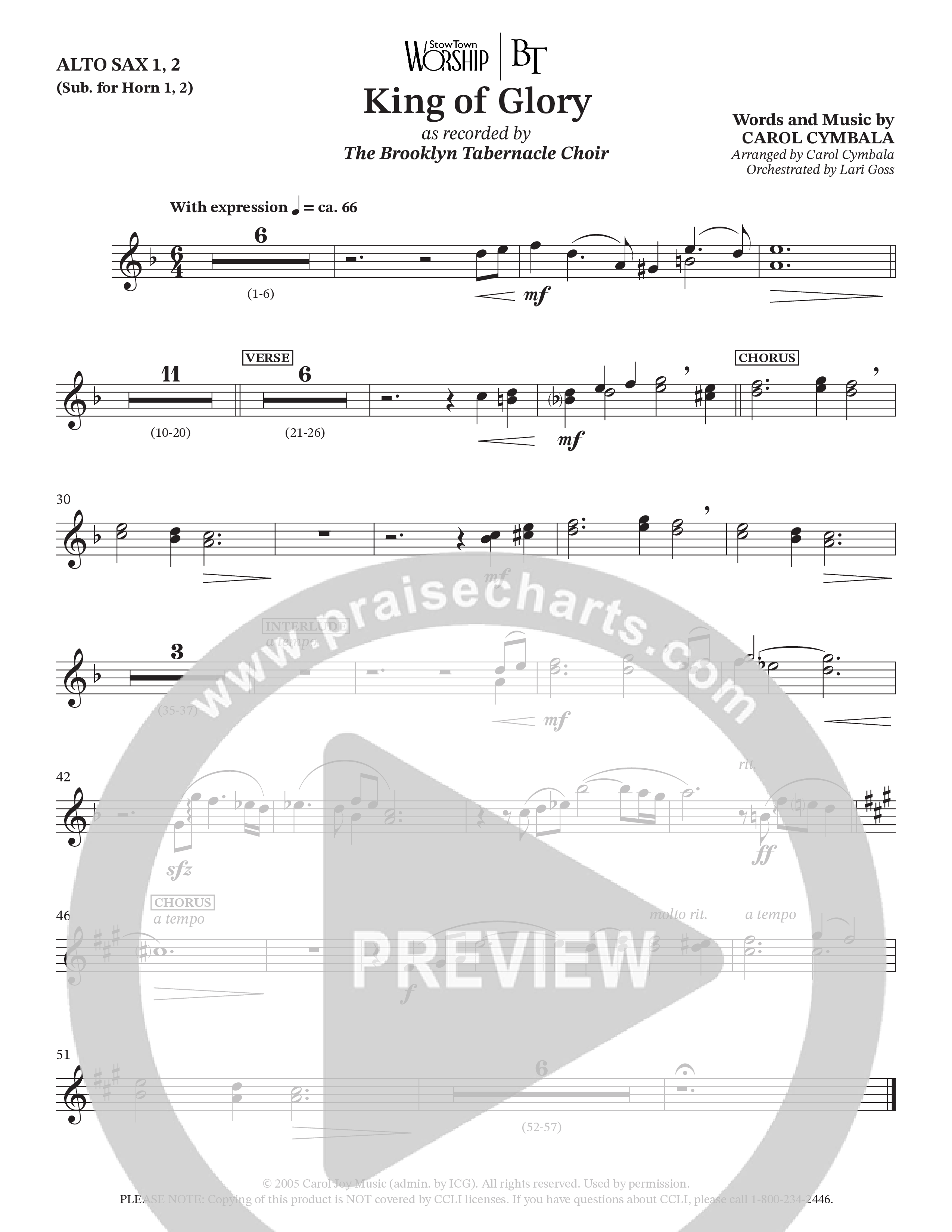 King Of Glory (Choral Anthem SATB) Alto Sax (The Brooklyn Tabernacle Choir / Arr. Carol Cymbala / Orch. Lari Goss)