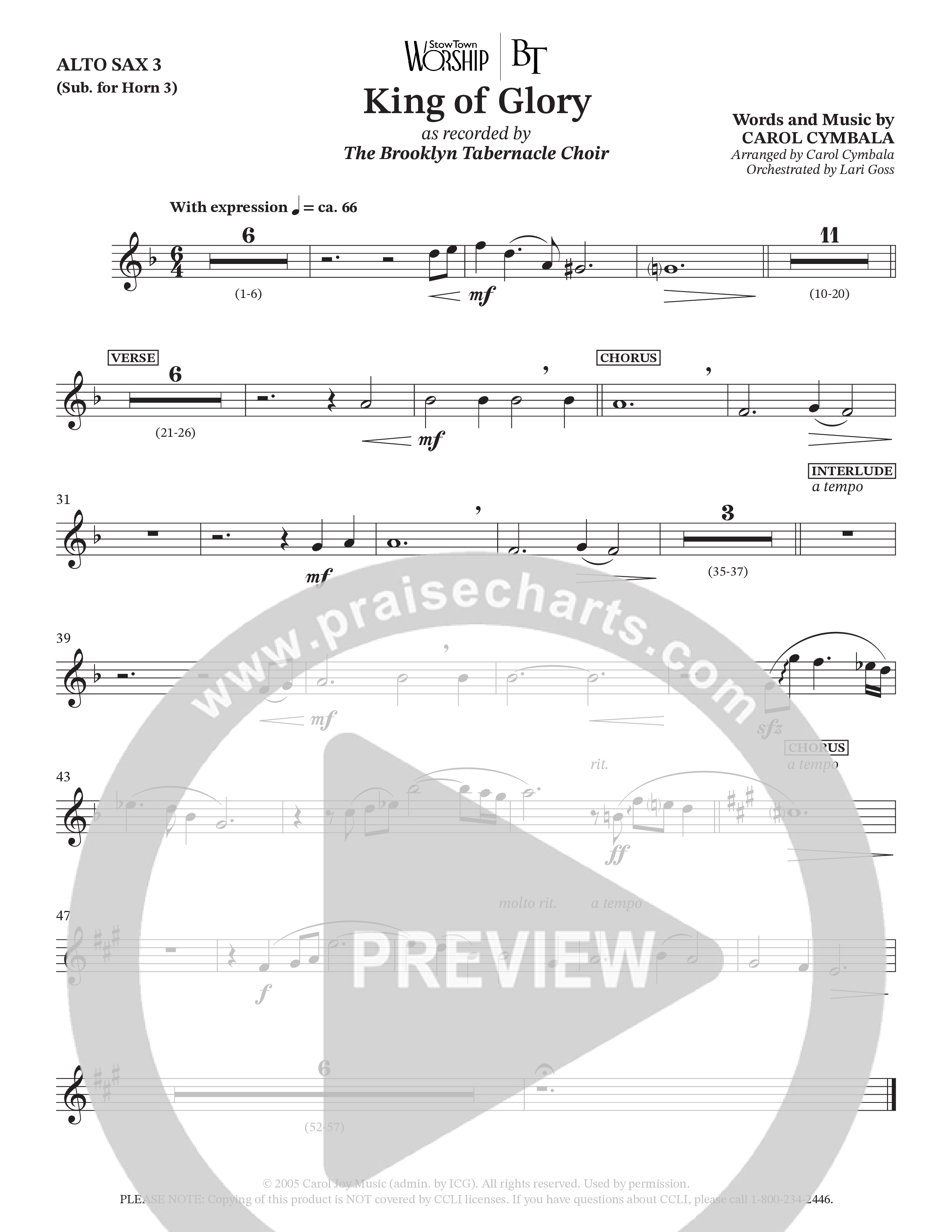 King Of Glory (Choral Anthem SATB) Alto Sax (The Brooklyn Tabernacle Choir / Arr. Carol Cymbala / Orch. Lari Goss)