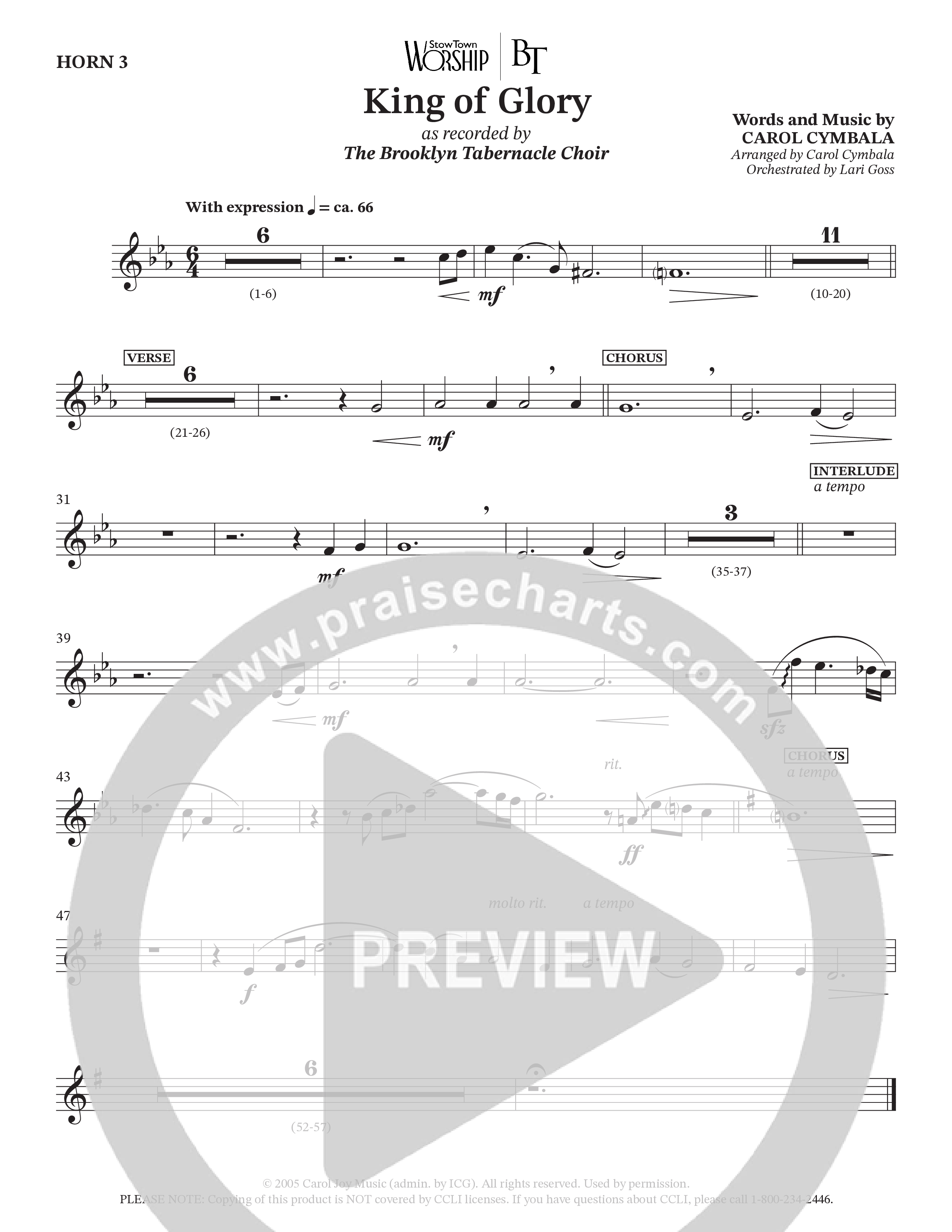 King Of Glory (Choral Anthem SATB) French Horn 3 (The Brooklyn Tabernacle Choir / Arr. Carol Cymbala / Orch. Lari Goss)