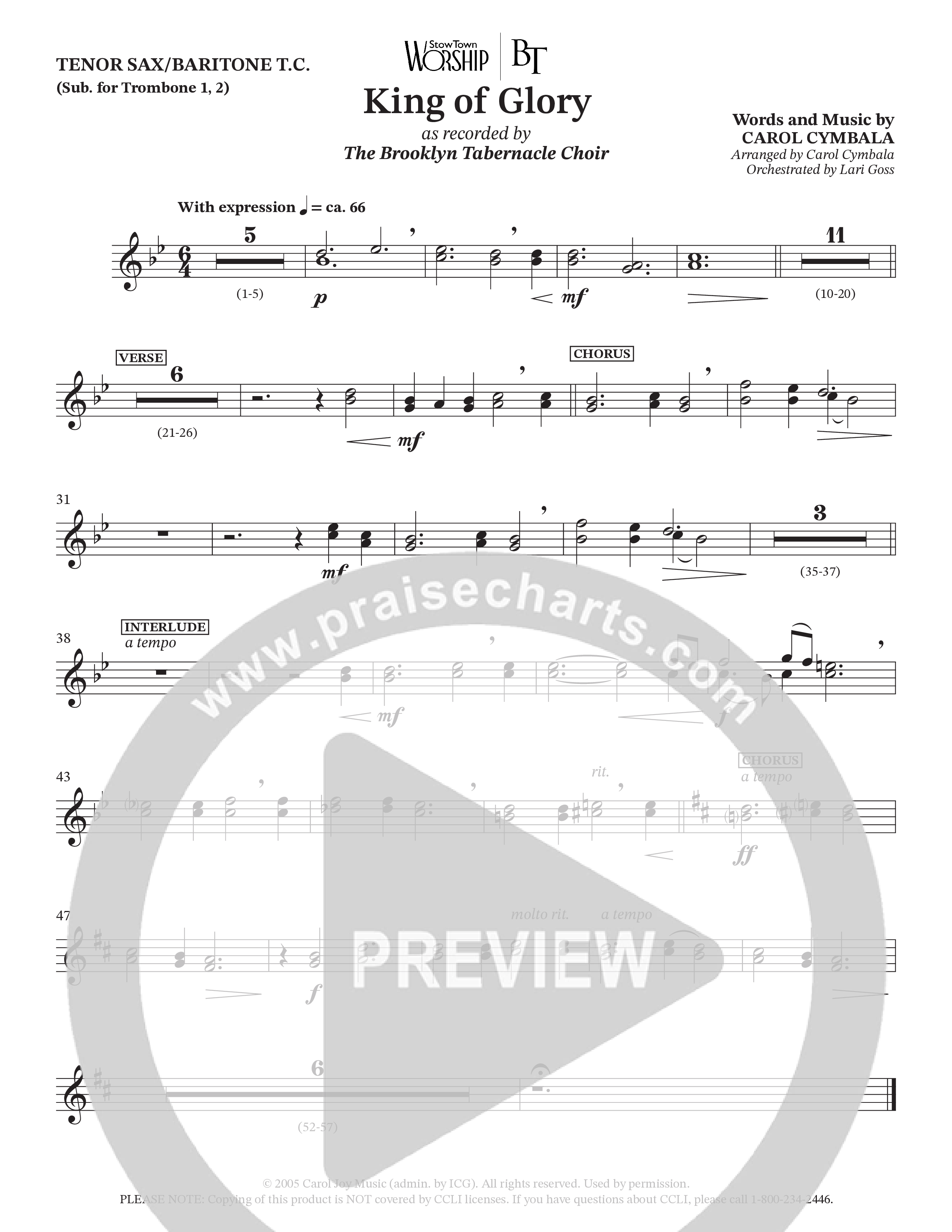 King Of Glory (Choral Anthem SATB) Tenor Sax/Baritone T.C. (The Brooklyn Tabernacle Choir / Arr. Carol Cymbala / Orch. Lari Goss)