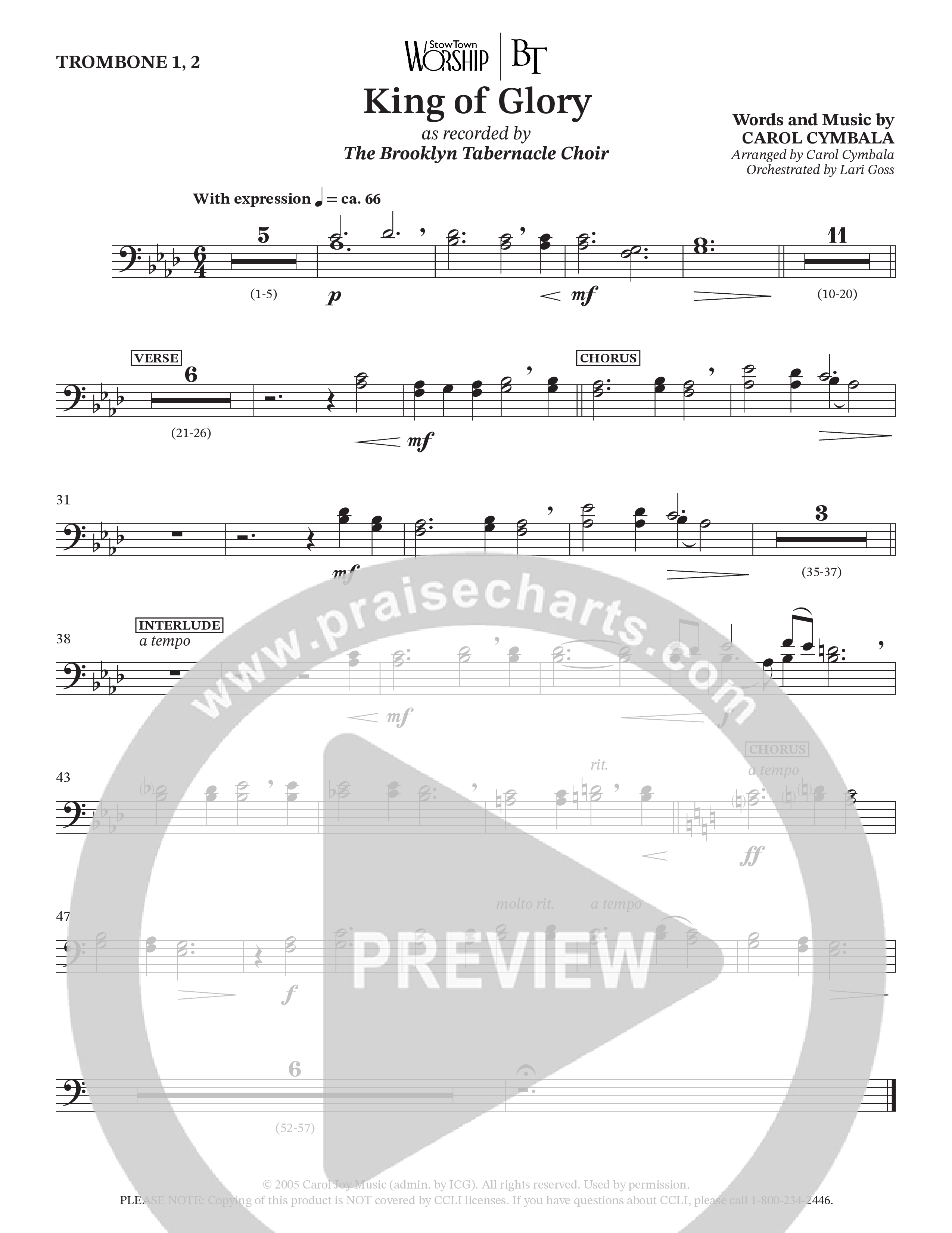 King Of Glory (Choral Anthem SATB) Trombone 1/2 (The Brooklyn Tabernacle Choir / Arr. Carol Cymbala / Orch. Lari Goss)