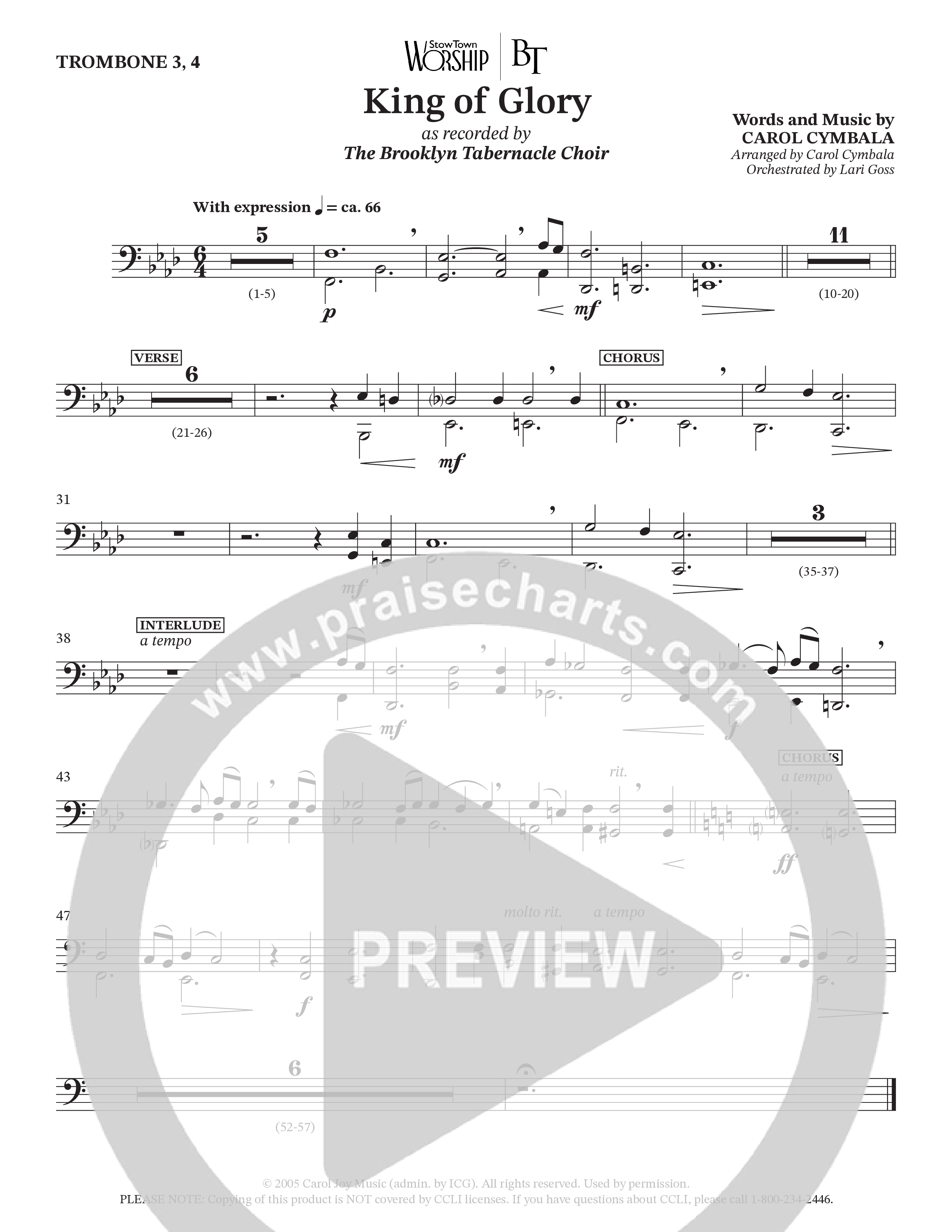 King Of Glory (Choral Anthem SATB) Trombone 3/4 (The Brooklyn Tabernacle Choir / Arr. Carol Cymbala / Orch. Lari Goss)