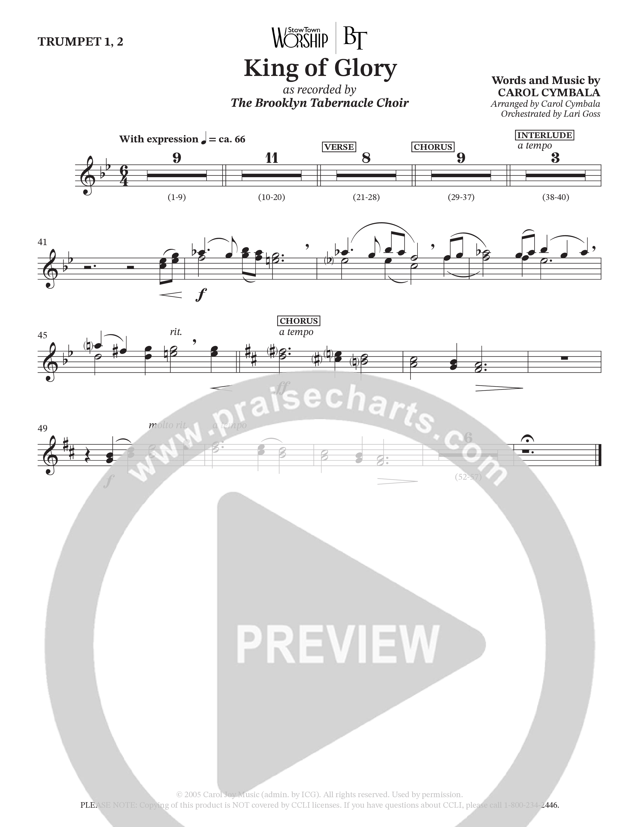 King Of Glory (Choral Anthem SATB) Trumpet 1,2 (The Brooklyn Tabernacle Choir / Arr. Carol Cymbala / Orch. Lari Goss)
