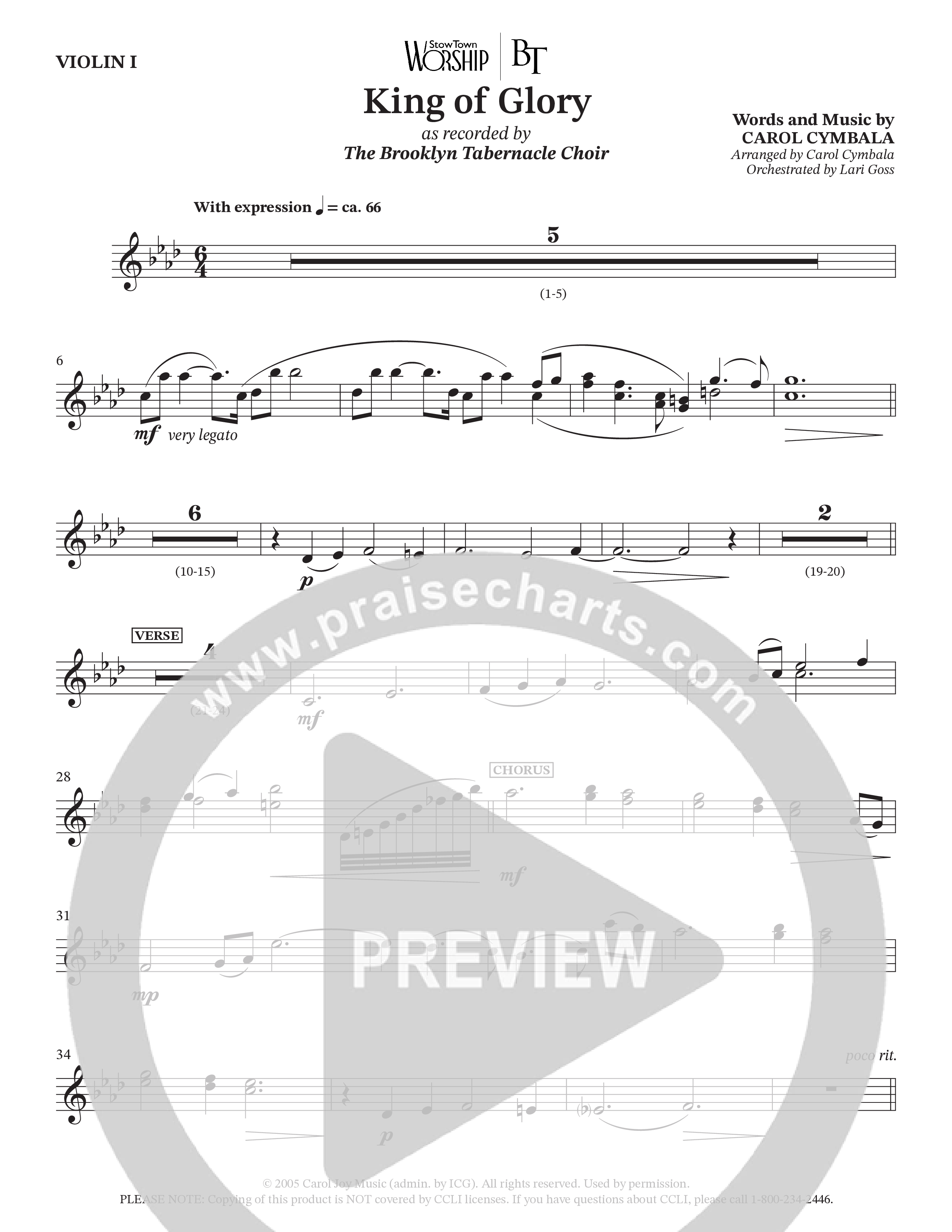 King Of Glory (Choral Anthem SATB) Violin 1 (The Brooklyn Tabernacle Choir / Arr. Carol Cymbala / Orch. Lari Goss)