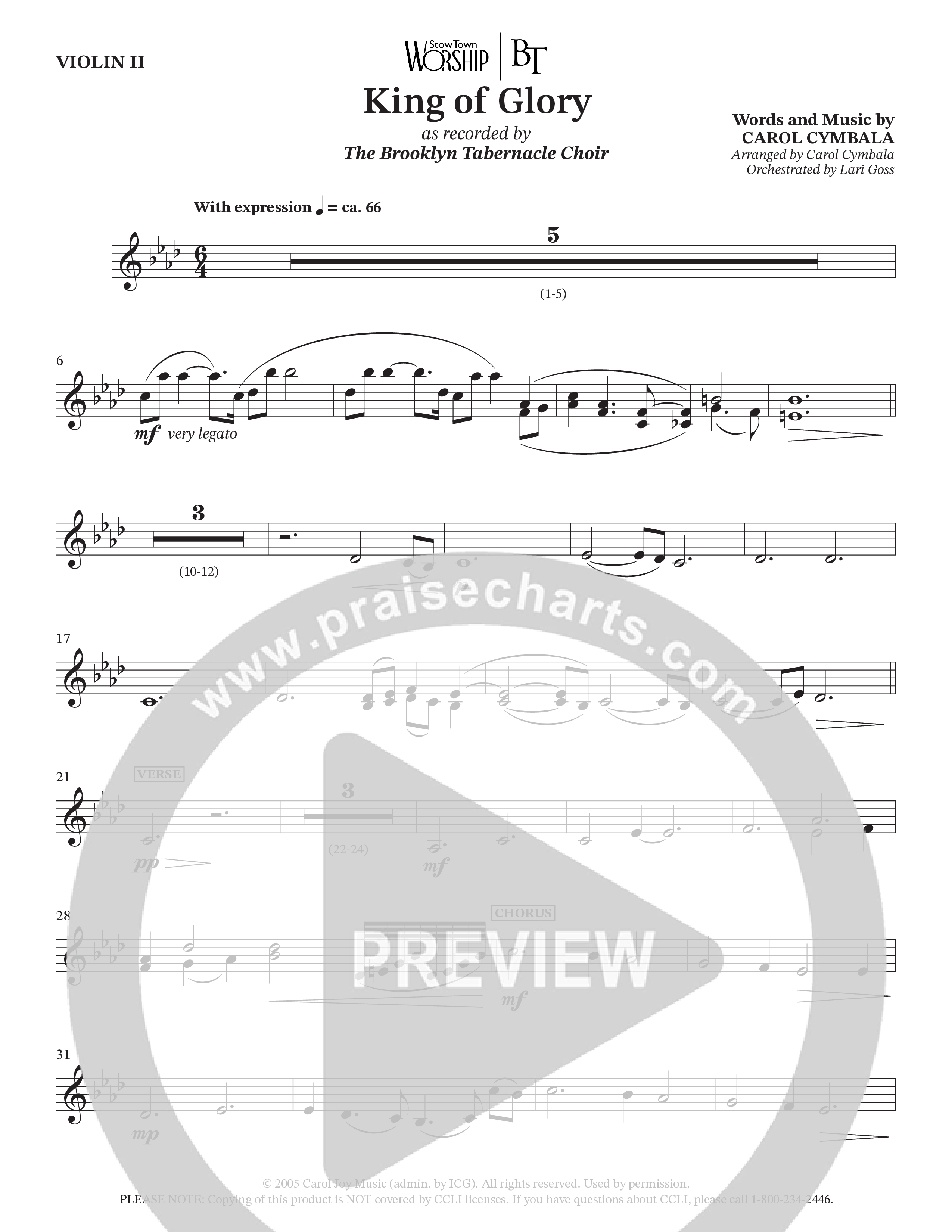King Of Glory (Choral Anthem SATB) Violin 2 (The Brooklyn Tabernacle Choir / Arr. Carol Cymbala / Orch. Lari Goss)