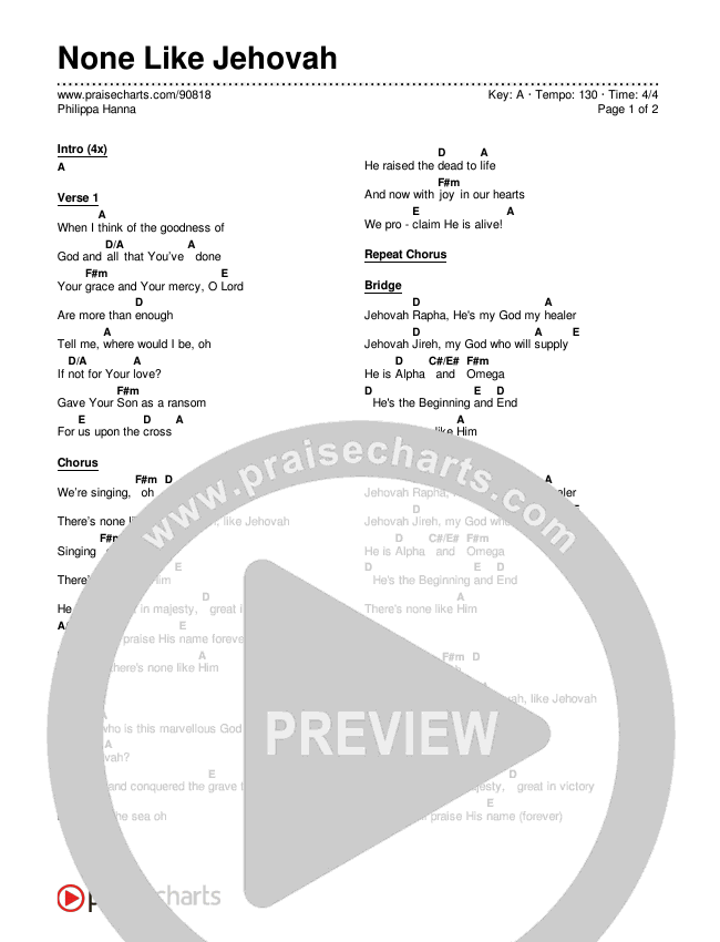None Like Jehovah Chord Chart (Philippa Hanna)