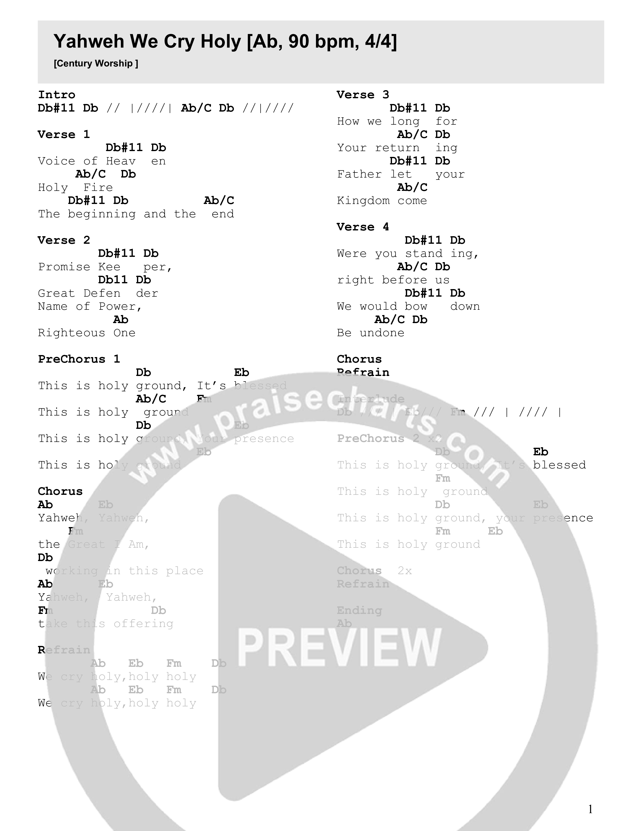 Yahweh We Cry Holy (Live) Chord Chart (Century Worship)